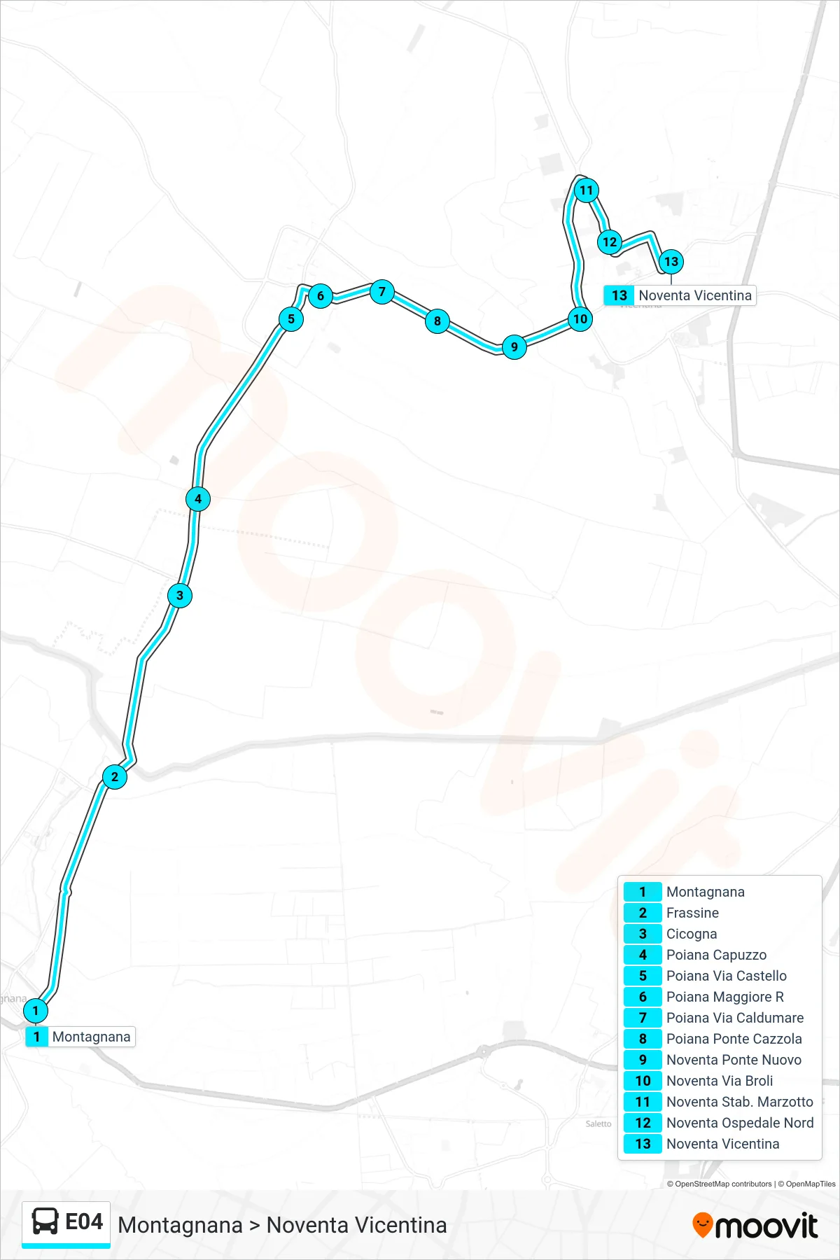 Linea E04  bus (Montagnana > Noventa Vicentina) - Percorsi e fermate sulla mappa