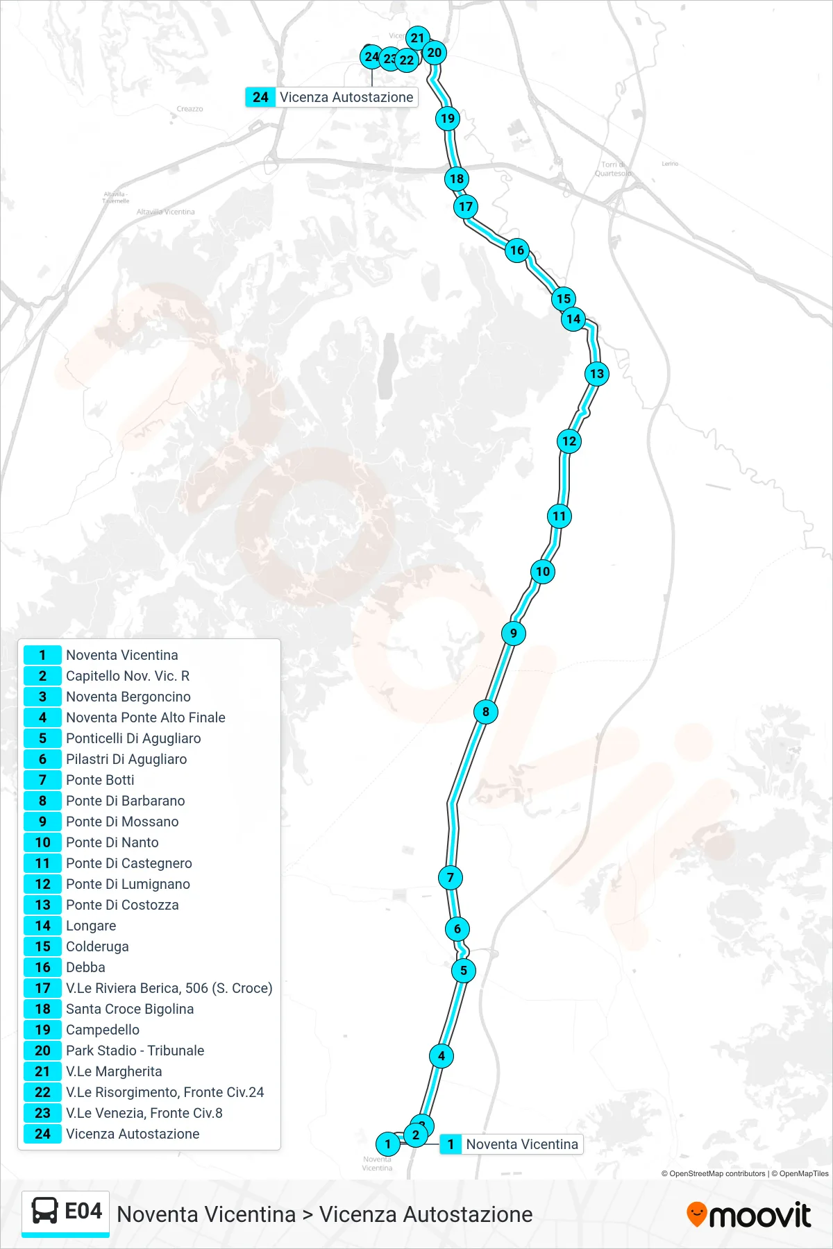 Linea E04  bus (Noventa Vicentina > Vicenza Autostazione) - Percorsi e fermate sulla mappa
