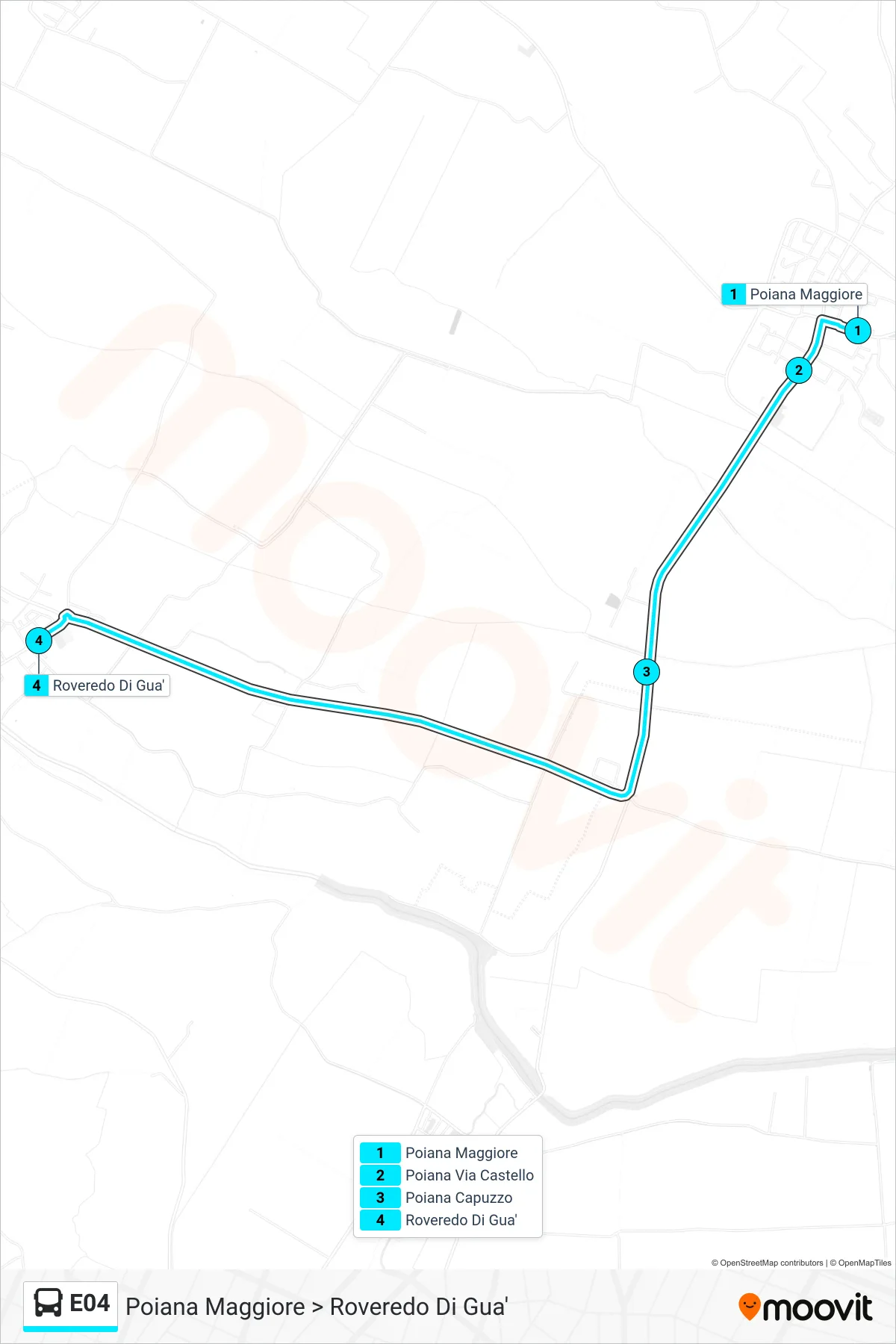 Linea E04 bus (Poiana Maggiore > Roveredo Di Gua') - Percorsi e fermate sulla mappa
