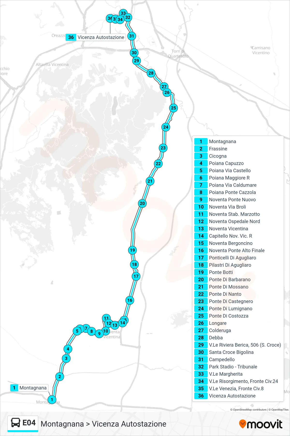 Linea E04 bus (Montagnana > Vicenza Autostazione) - Percorsi e fermate sulla mappa