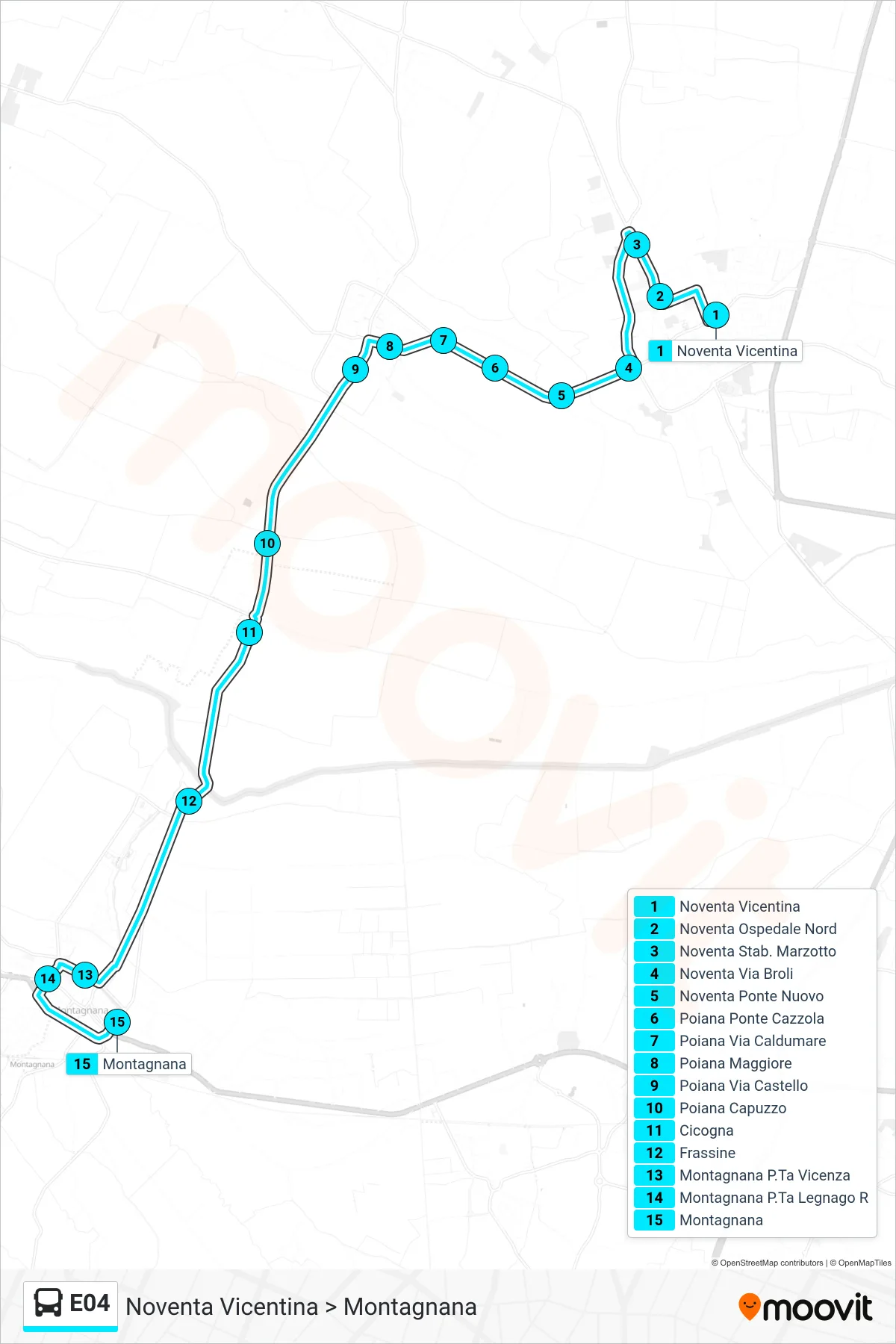 Linea E04  bus (Noventa Vicentina > Montagnana) - Percorsi e fermate sulla mappa