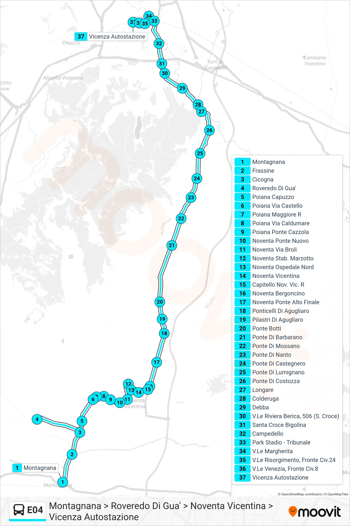 E04 bus Line (Montagnana > Roveredo Di Gua > Noventa Vicentina > Vicenza Bus Station) route and stops on a map