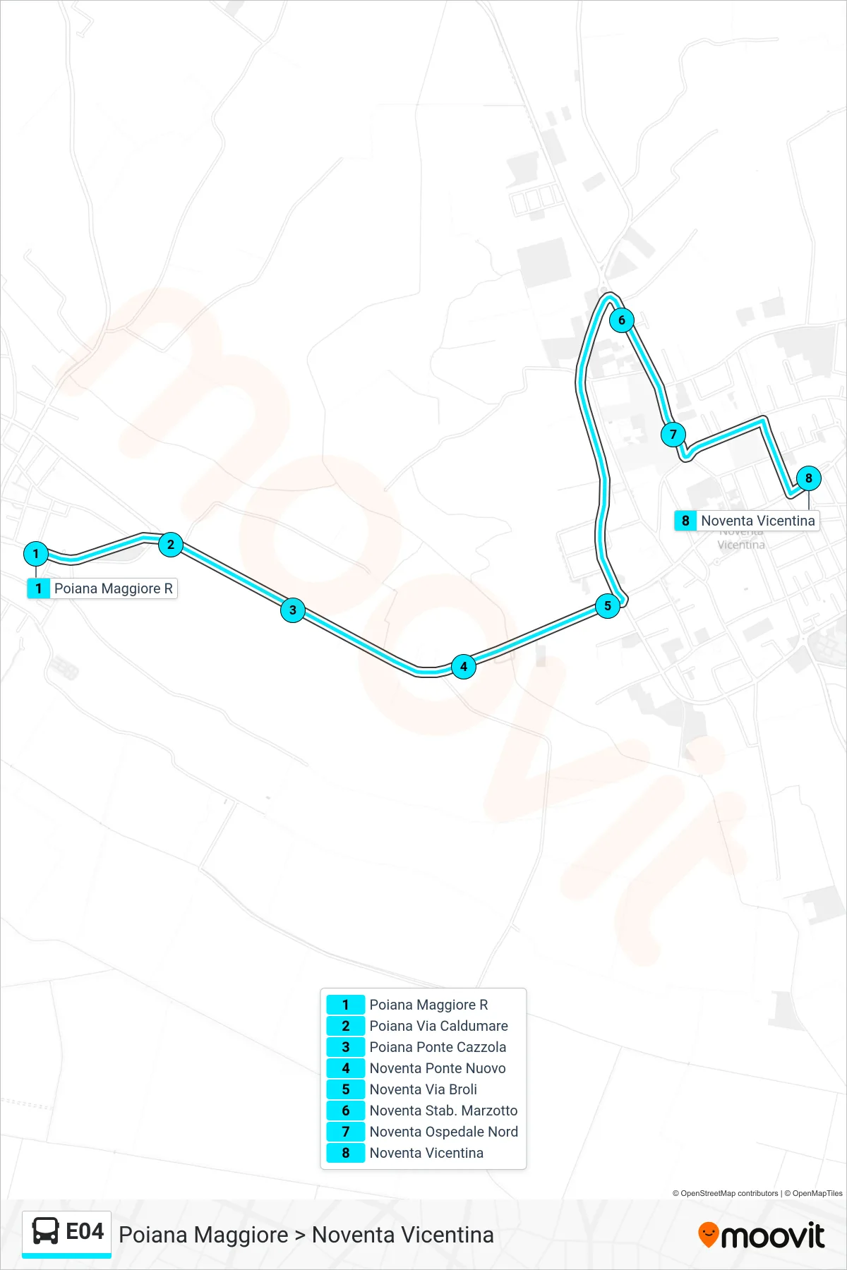 Linea E04 bus (Poiana Maggiore > Noventa Vicentina) - Percorsi e fermate sulla mappa