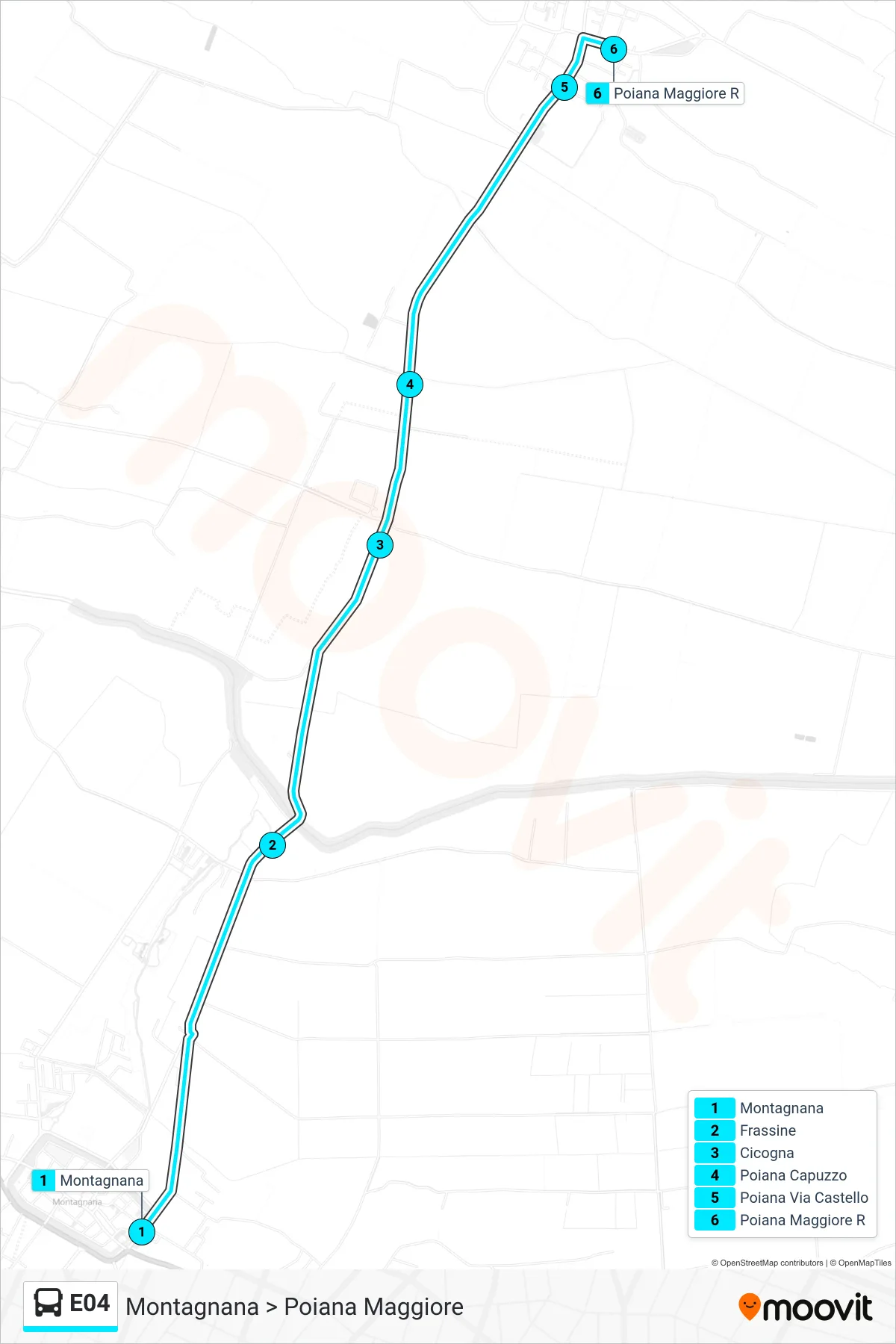 Linea E04 bus (Montagnana > Poiana Maggiore) - Percorsi e fermate sulla mappa