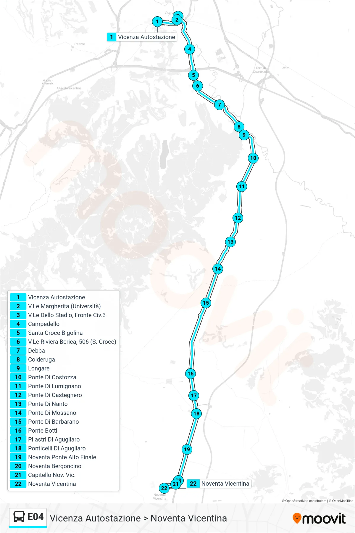 Linea E04 bus (Vicenza Autostazione > Noventa Vicentina) - Percorsi e fermate sulla mappa