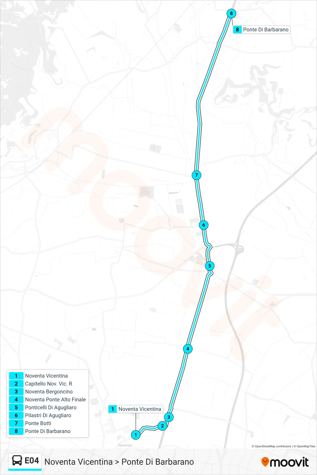 Linea E04  bus (Noventa Vicentina > Ponte Di Barbarano) - Percorsi e fermate sulla mappa