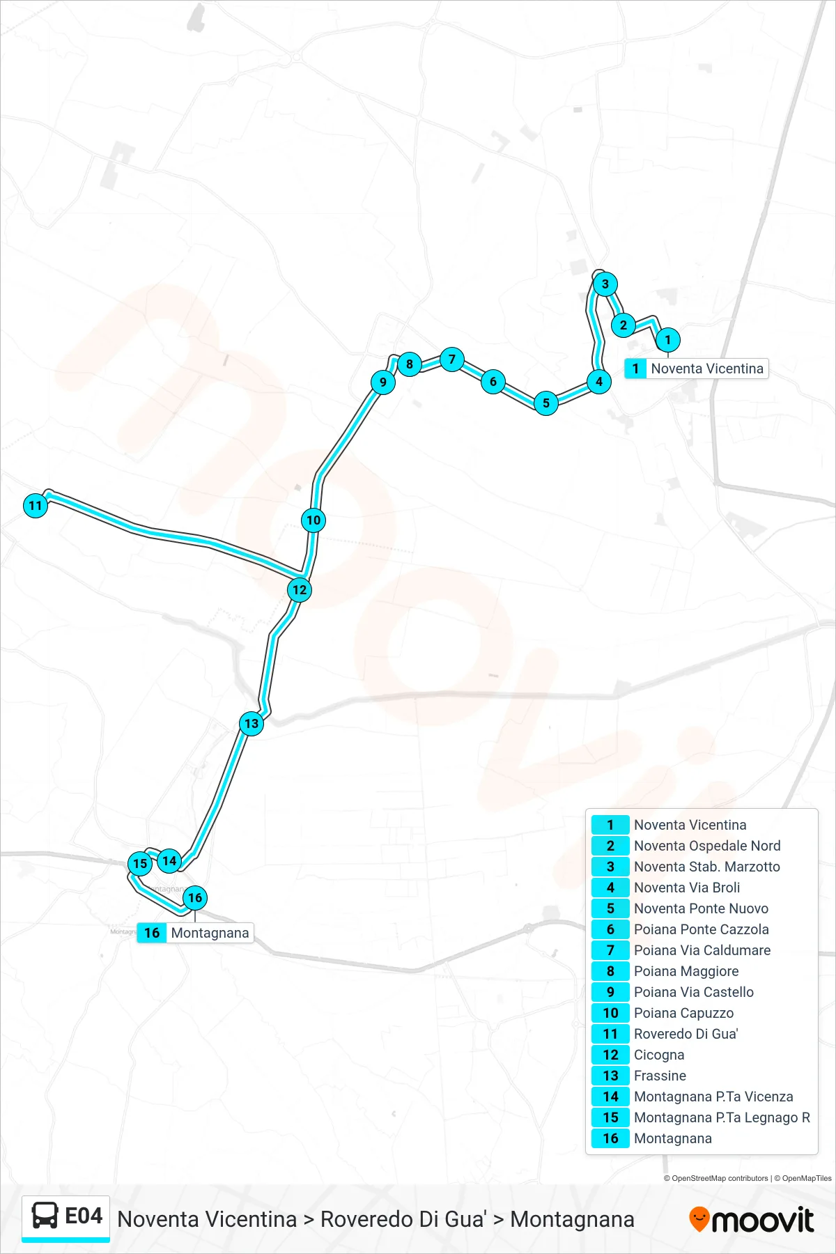 Linea E04 bus (Noventa Vicentina > Roveredo Di Gua' > Montagnana) - Percorsi e fermate sulla mappa