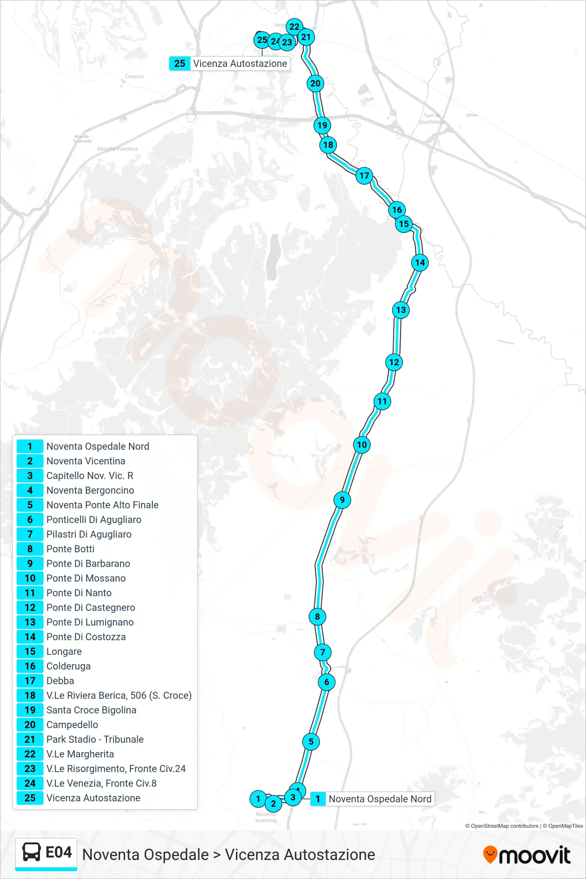 Linea E04 bus (Noventa Ospedale > Vicenza Autostazione) - Percorsi e fermate sulla mappa