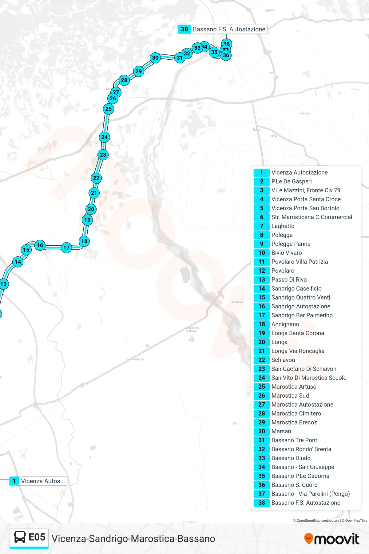 Linea E05  bus (Vicenza > Bassano Autostazione) - Percorsi e fermate sulla mappa