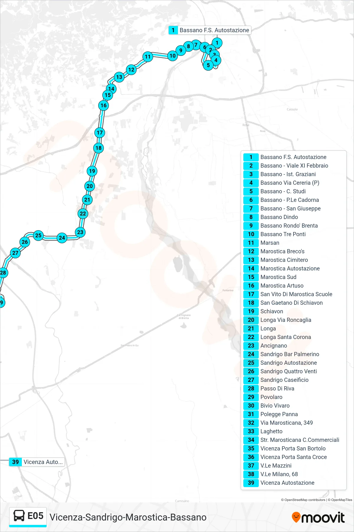 Linea E05  bus (Bassano > Bassano Centro Studi > Vicenza Autostazione) - Percorsi e fermate sulla mappa