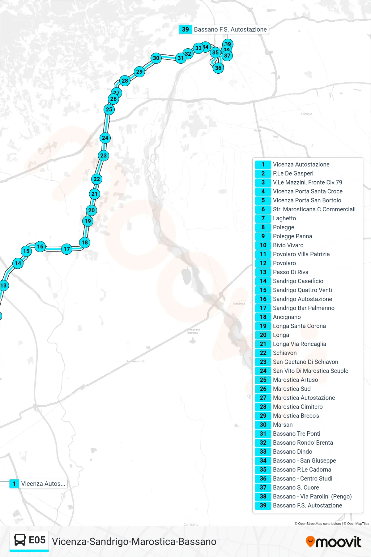 Linea E05 bus (Vicenza > Bassano Centro Studi > Bassano Autostazione) - Percorsi e fermate sulla mappa
