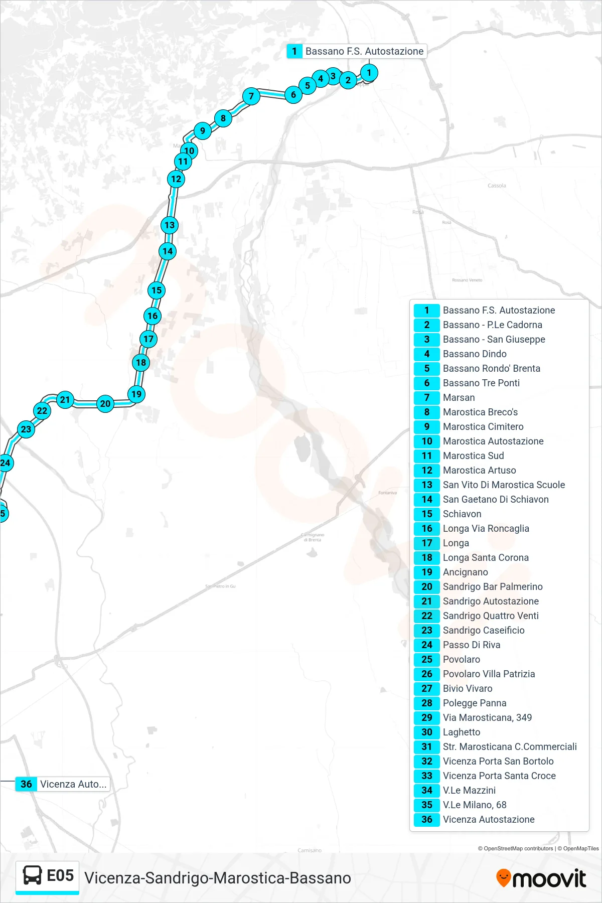 Linea E05 bus (Bassano > Vicenza Autostazione) - Percorsi e fermate sulla mappa