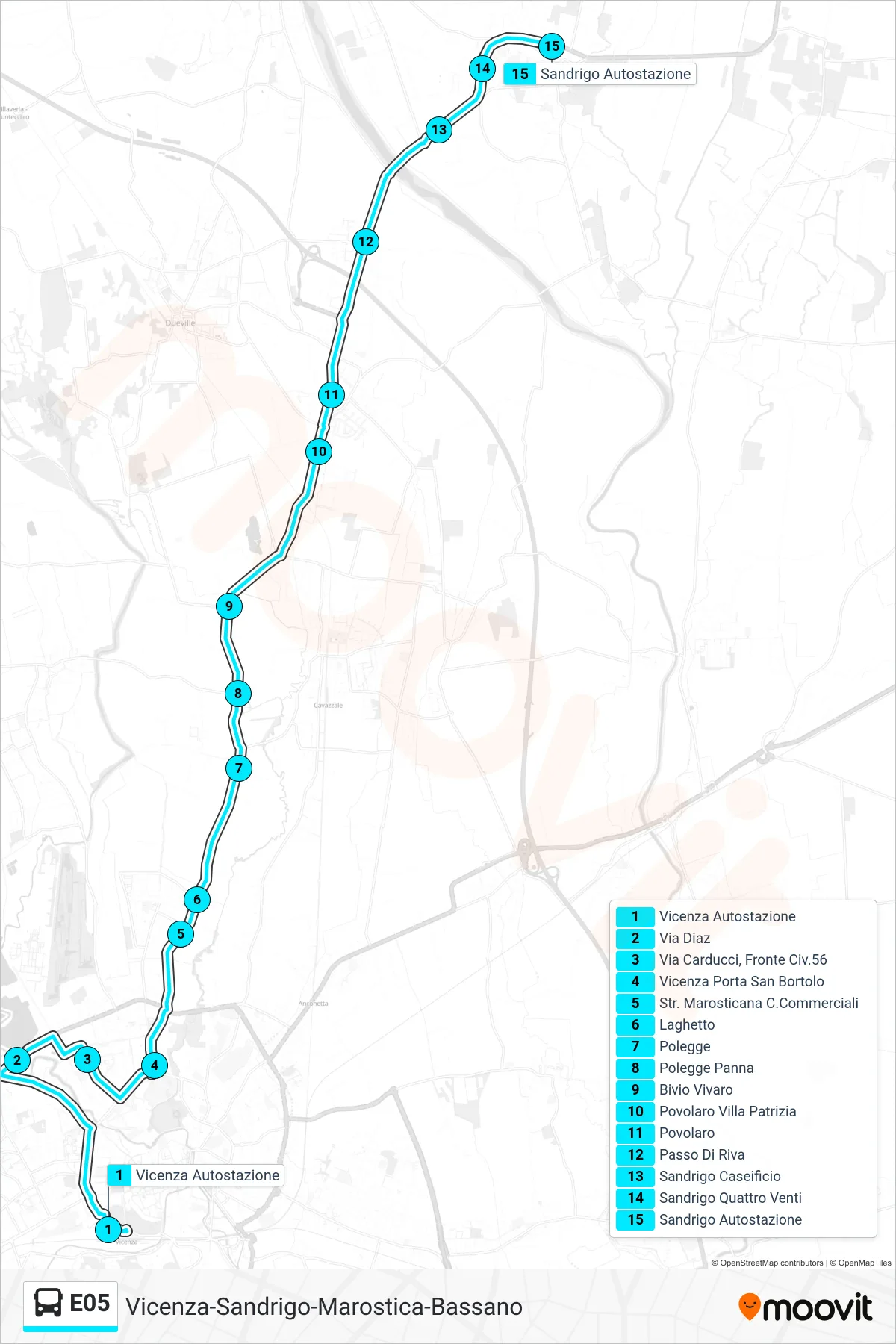 Linea E05 bus (Vicenza Autostazione > Liceo Quadri > Sandrigo) - Percorsi e fermate sulla mappa