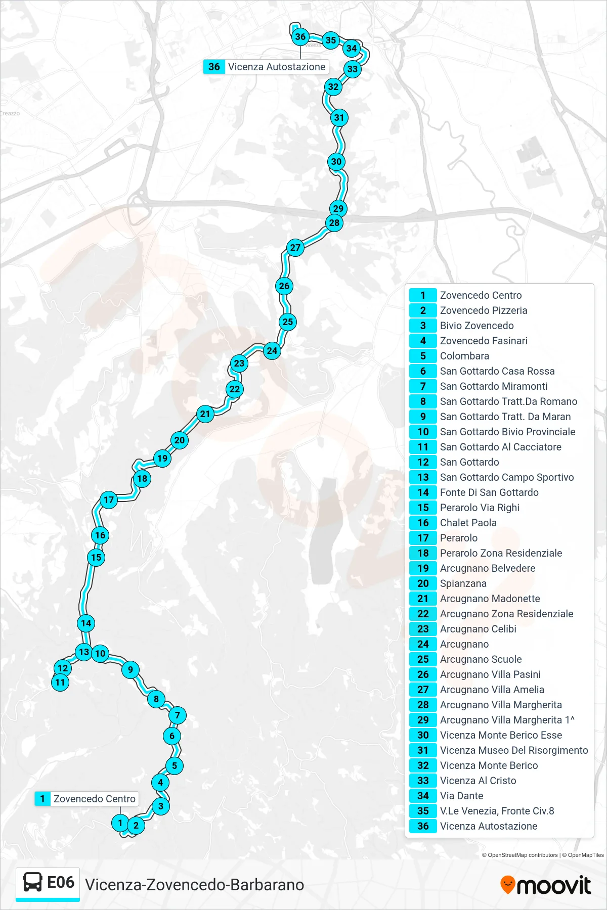 Linea E06 bus (Zovencedo Centro > San Gottardo > Vicenza) - Percorsi e fermate sulla mappa