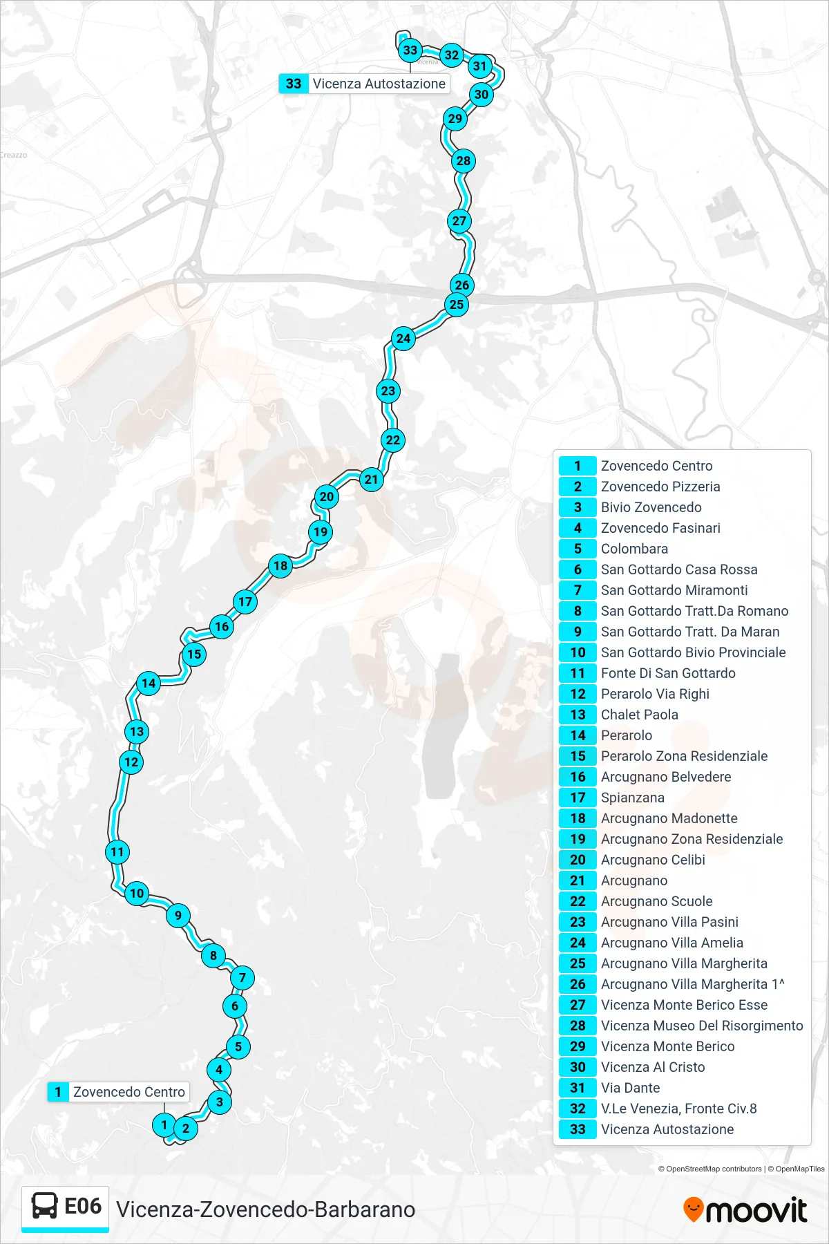 Linea E06  bus (Zovencedo Centro > Vicenza (NO San Gottardo)) - Percorsi e fermate sulla mappa
