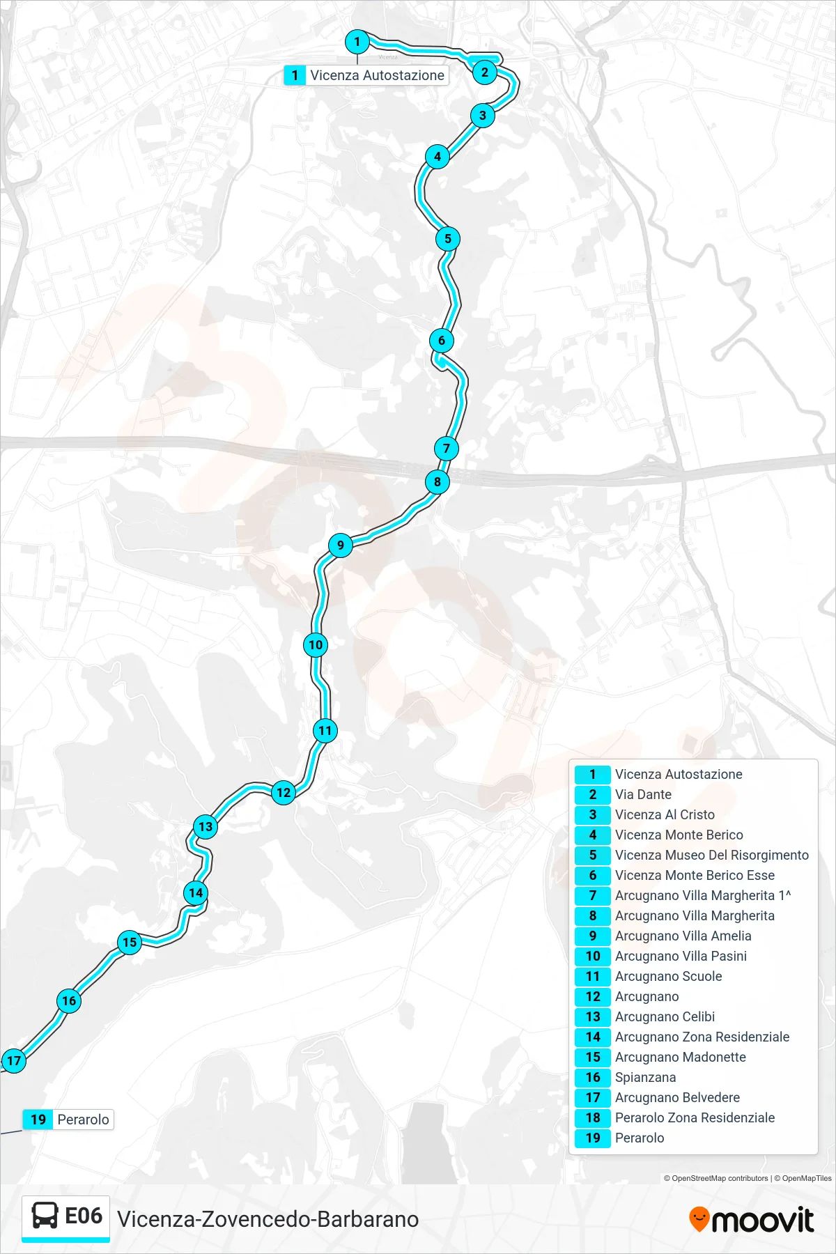 Linea E06 bus (Vicenza > Perarolo) - Percorsi e fermate sulla mappa