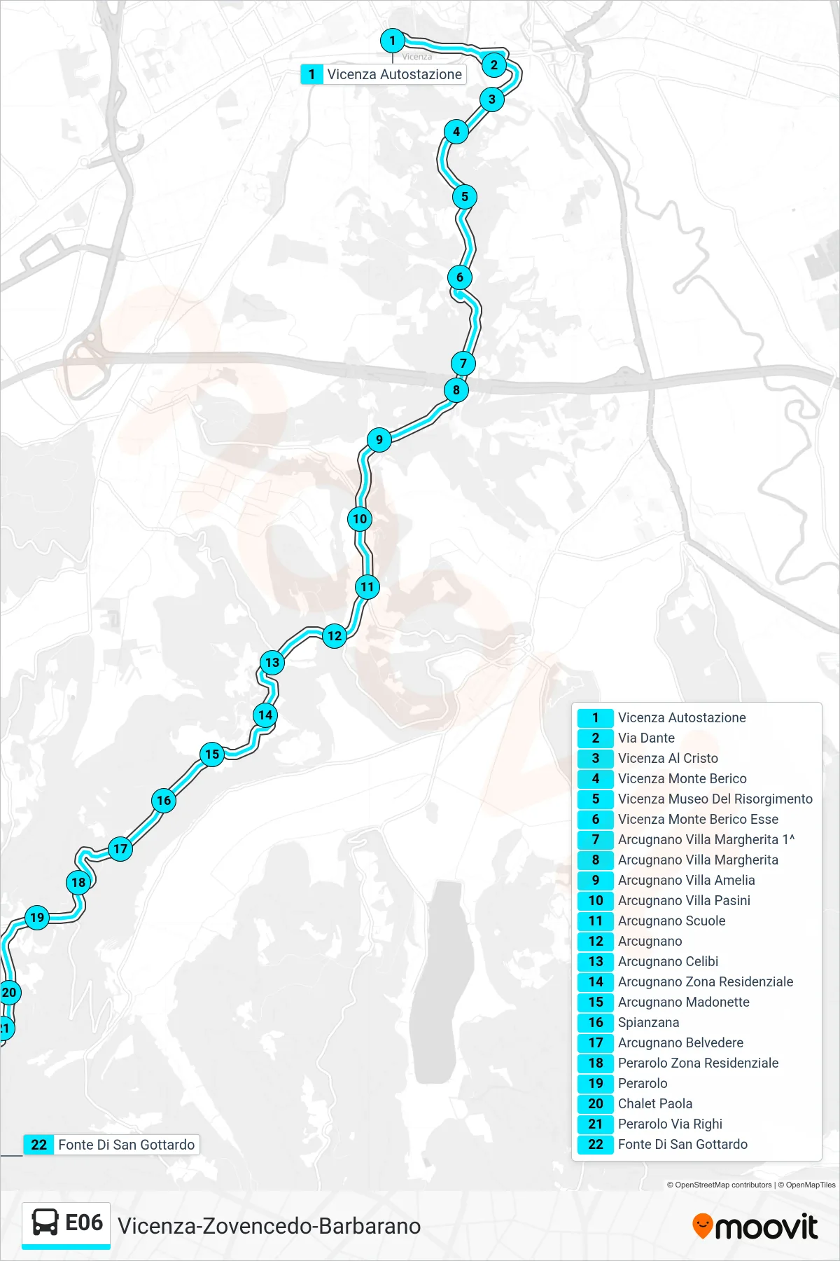 Linea E06 bus (Vicenza > San Gottardo) - Percorsi e fermate sulla mappa