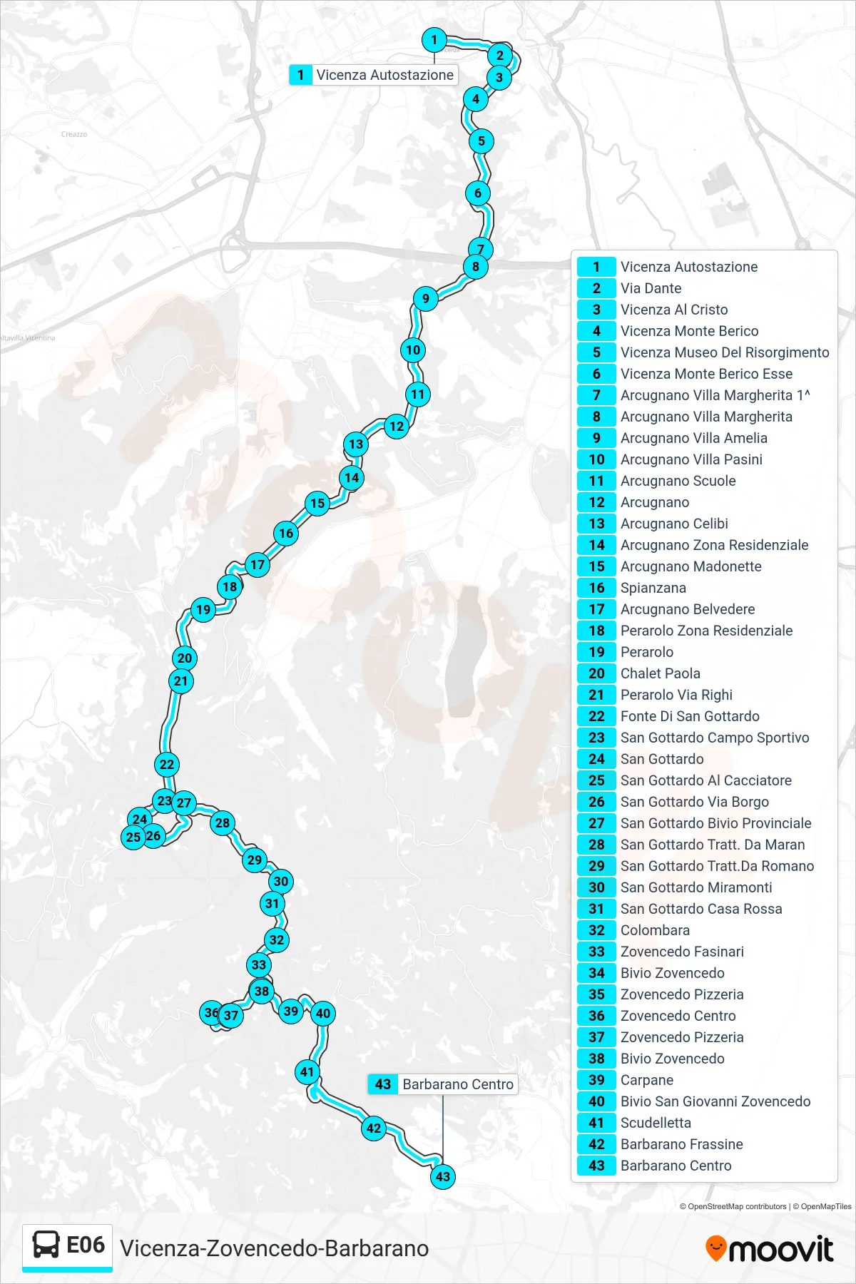 Linea E06 bus (Vicenza Autostazione > Barbarano Centro) - Percorsi e fermate sulla mappa