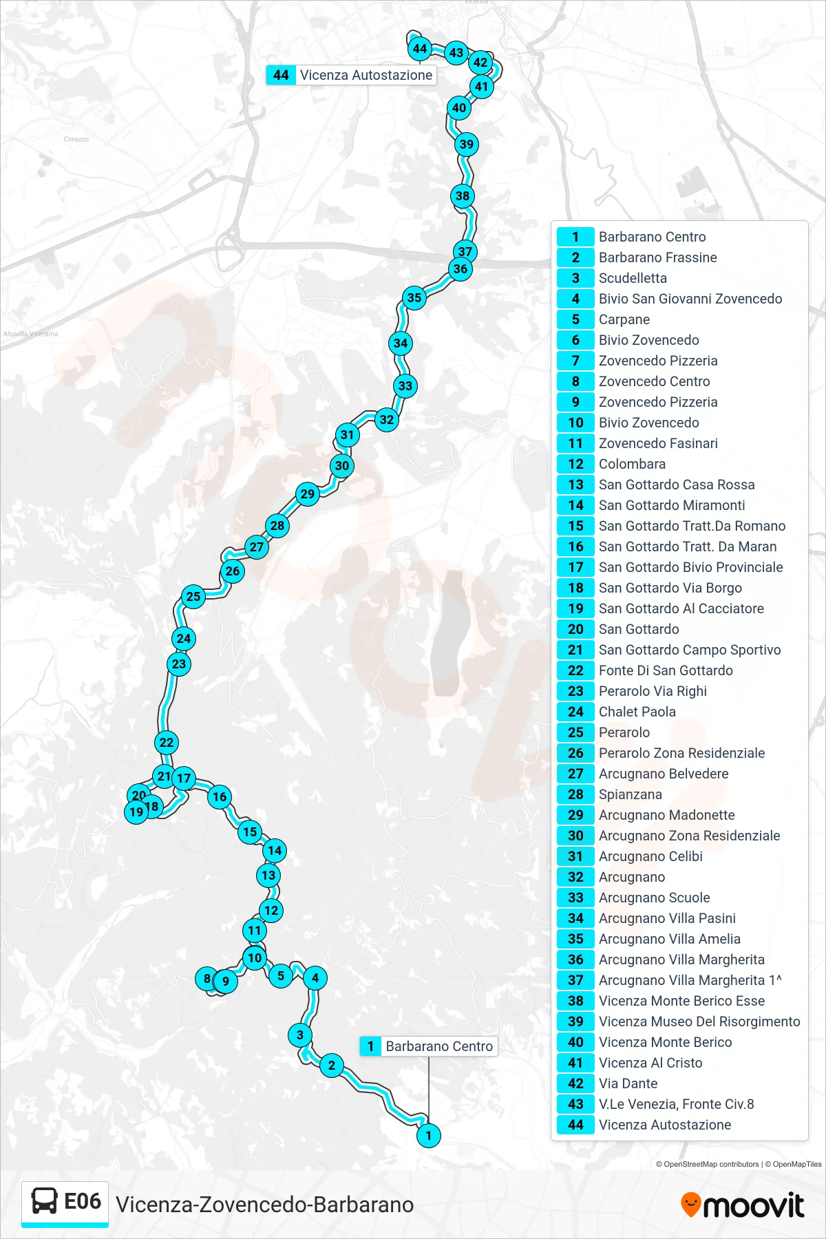 Linea E06 bus (Barbarano Centro > Vicenza Autostazione) - Percorsi e fermate sulla mappa