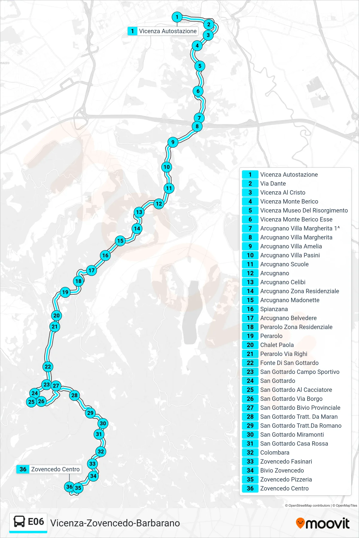 Linea E06  bus (Vicenza Autostazione > Zovencedo Centro) - Percorsi e fermate sulla mappa