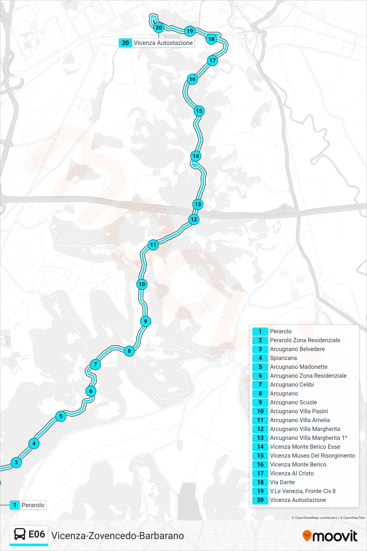 Linea E06  bus (Perarolo > Vicenza Autostazione) - Percorsi e fermate sulla mappa