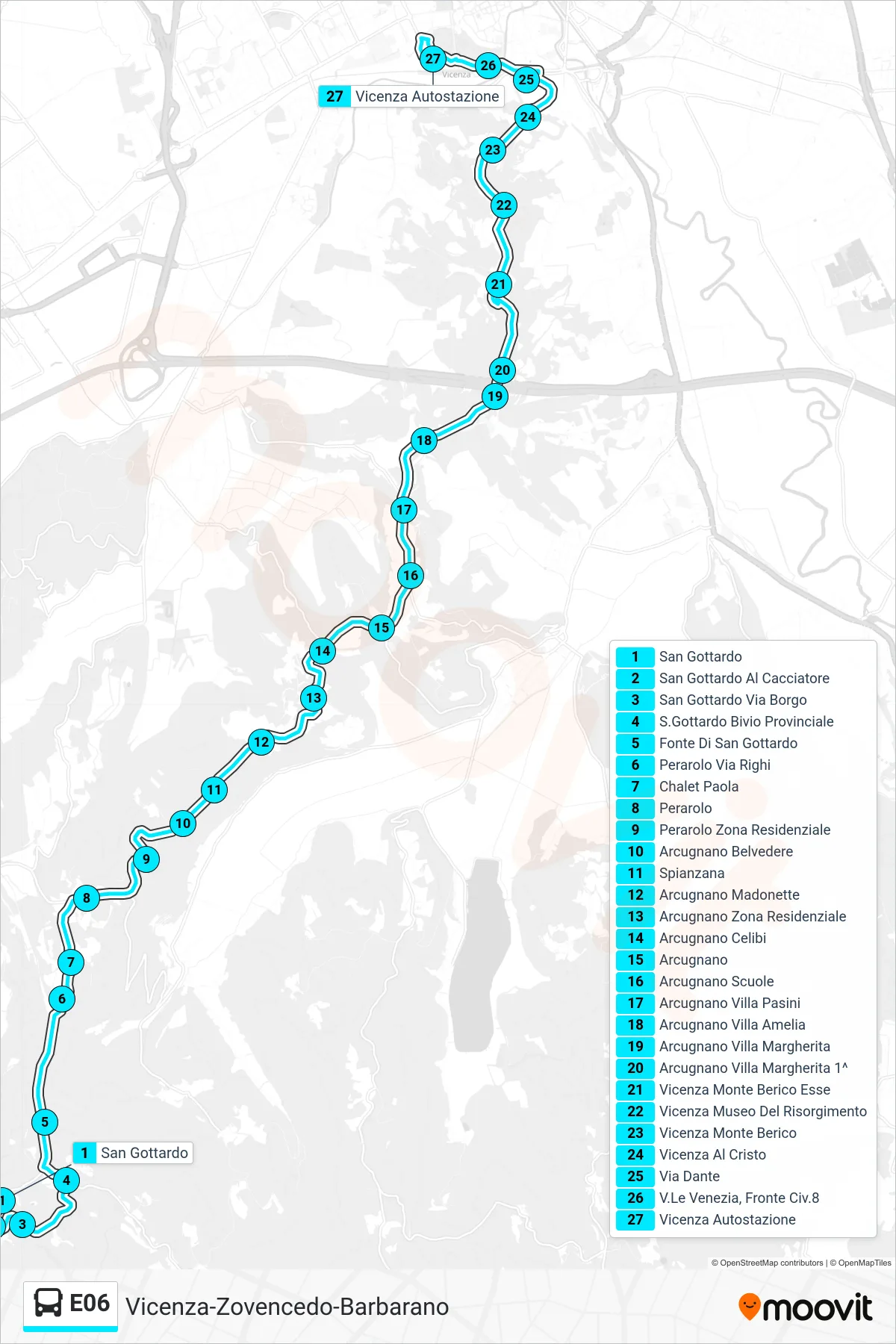 Linea E06 bus (San Gottardo > Vicenza Autostazione) - Percorsi e fermate sulla mappa