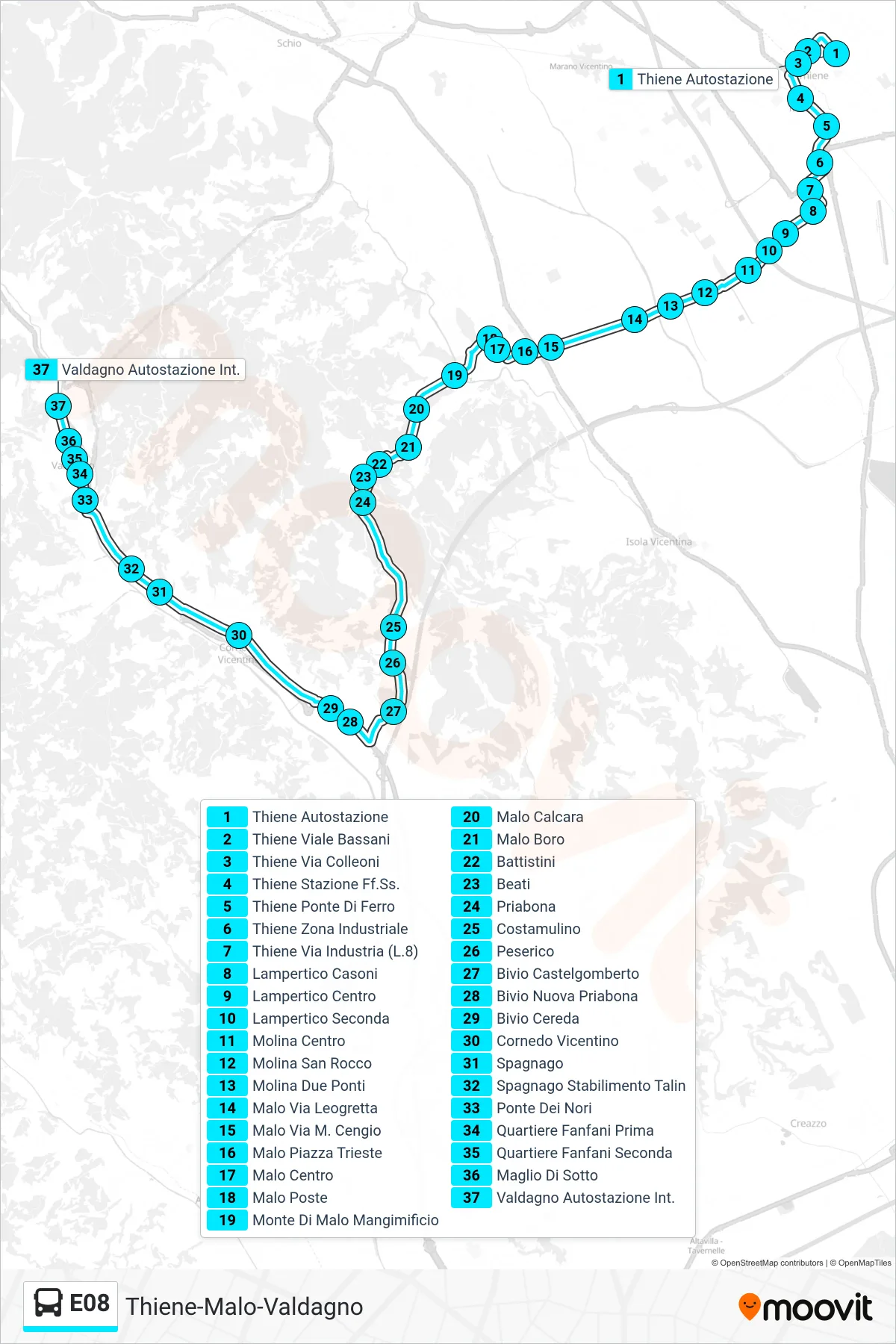 Linea E08  bus (Thiene > Valdagno Autostazione) - Percorsi e fermate sulla mappa