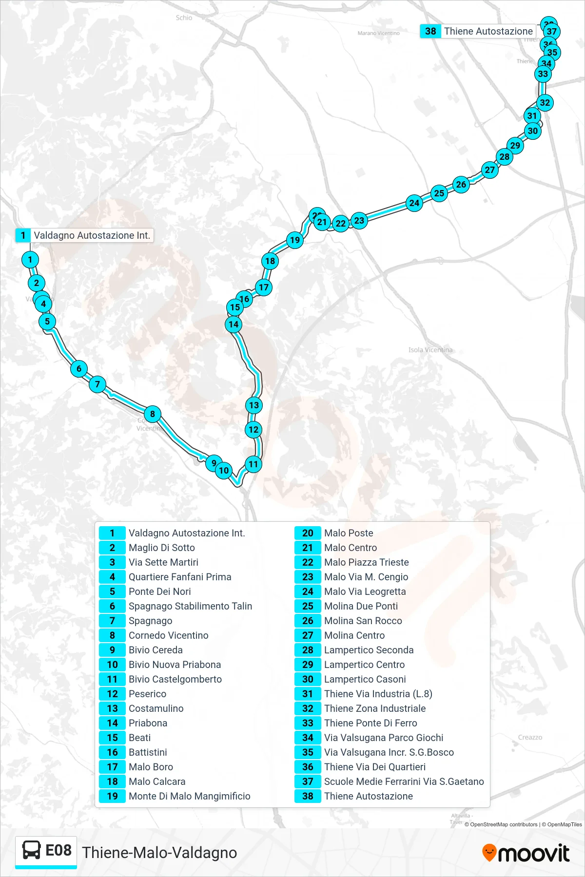 Linea E08  bus (Valdagno > Thiene Autostazione) - Percorsi e fermate sulla mappa
