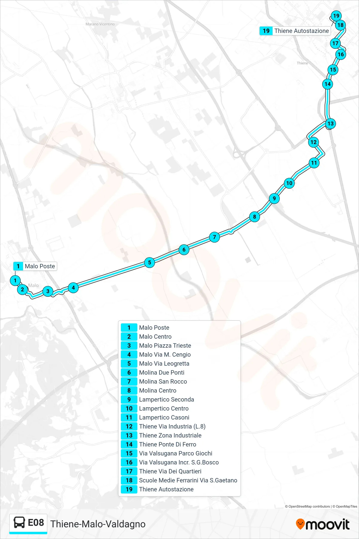 Linea E08 bus (Malo Poste > Thiene Autostazione) - Percorsi e fermate sulla mappa