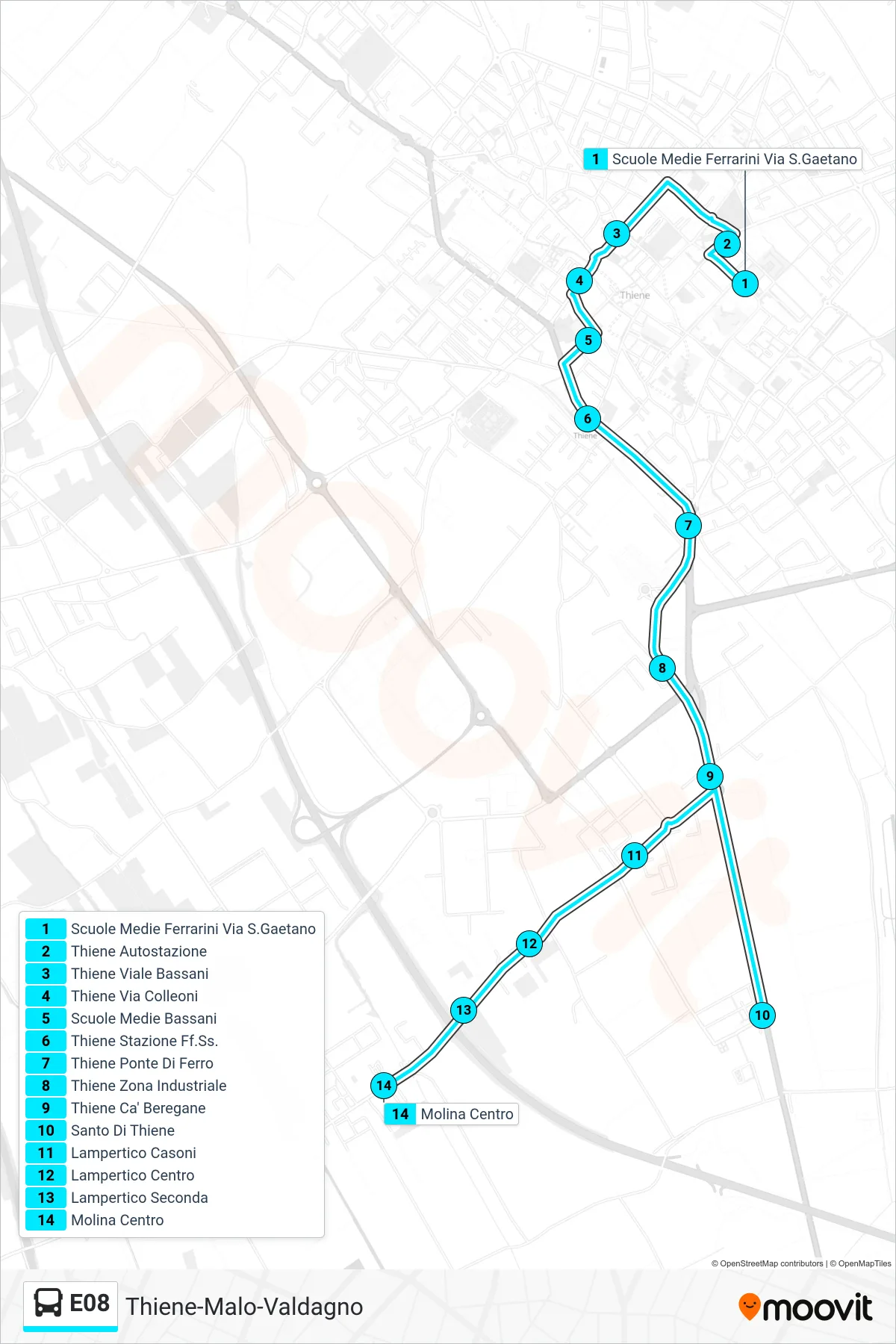 Linea E08  bus (Thiene Scuole Medie > Molina Centro) - Percorsi e fermate sulla mappa