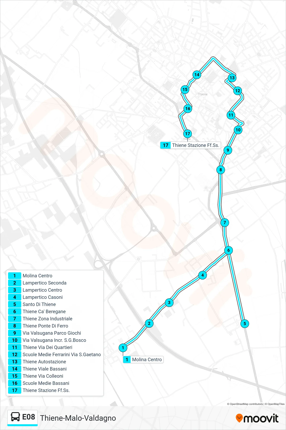Linea E08 bus (Molina Centro > Thiene Stazione FS) - Percorsi e fermate sulla mappa