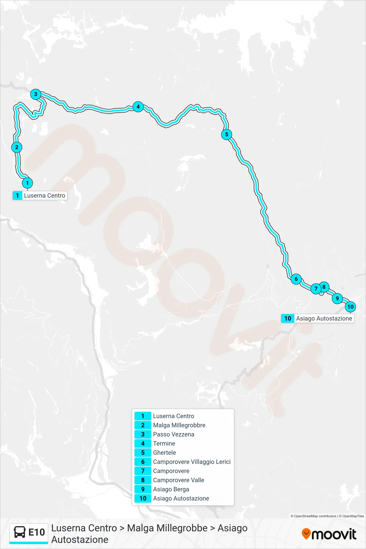 Linea E10  bus (Luserna Centro > Malga Millegrobbe > Asiago Autostazione) - Percorsi e fermate sulla mappa