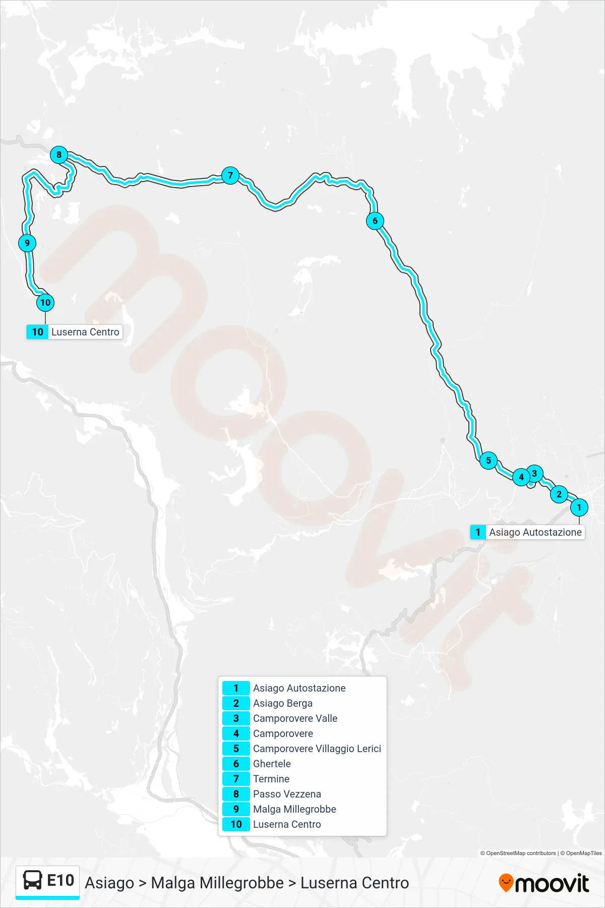 E10 bus Line (Asiago to Malga Millegrobbe to Luserna Center) route and stops on a map