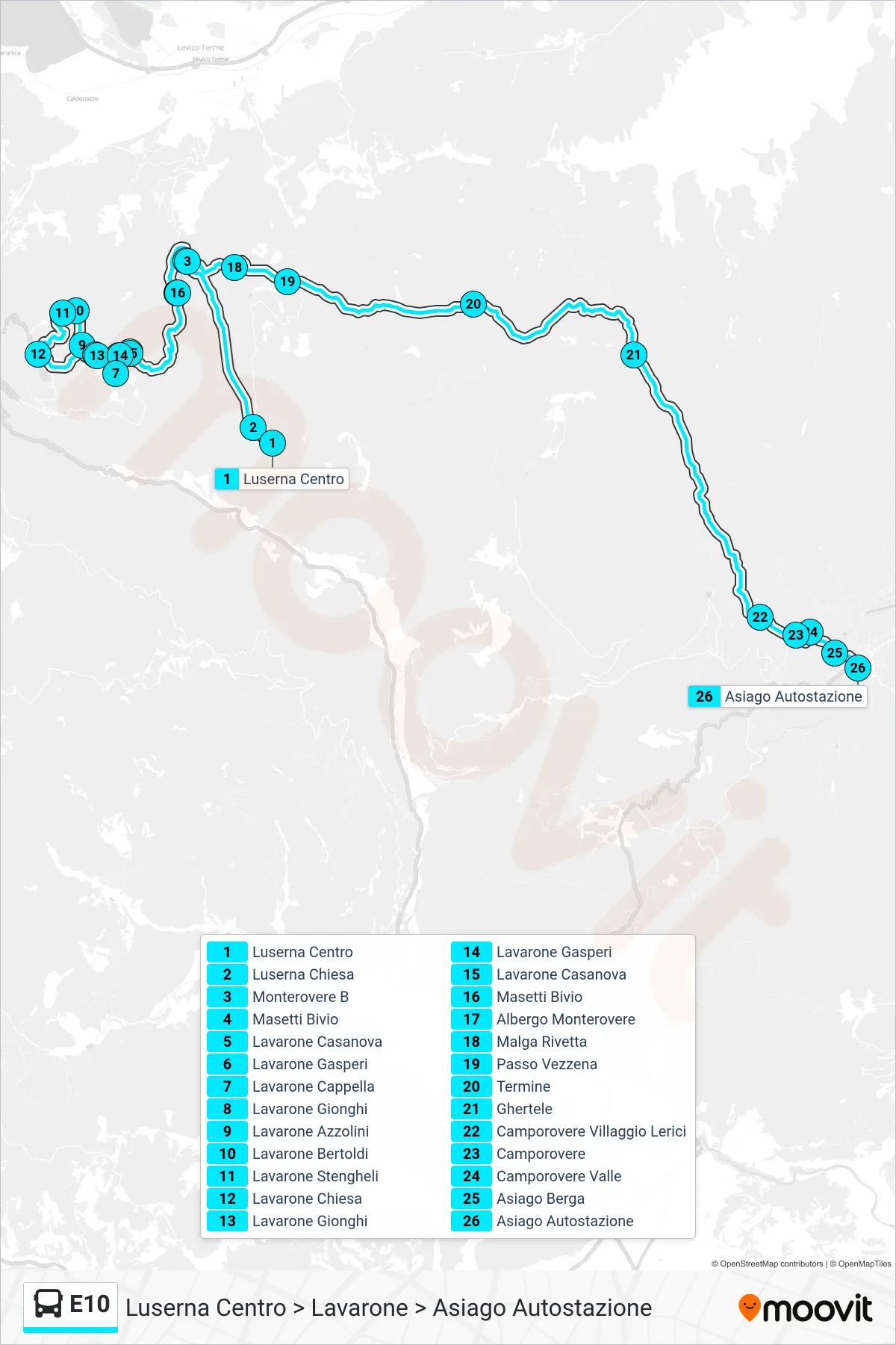 Linea E10 bus (Luserna Centro > Lavarone > Asiago Autostazione) - Percorsi e fermate sulla mappa