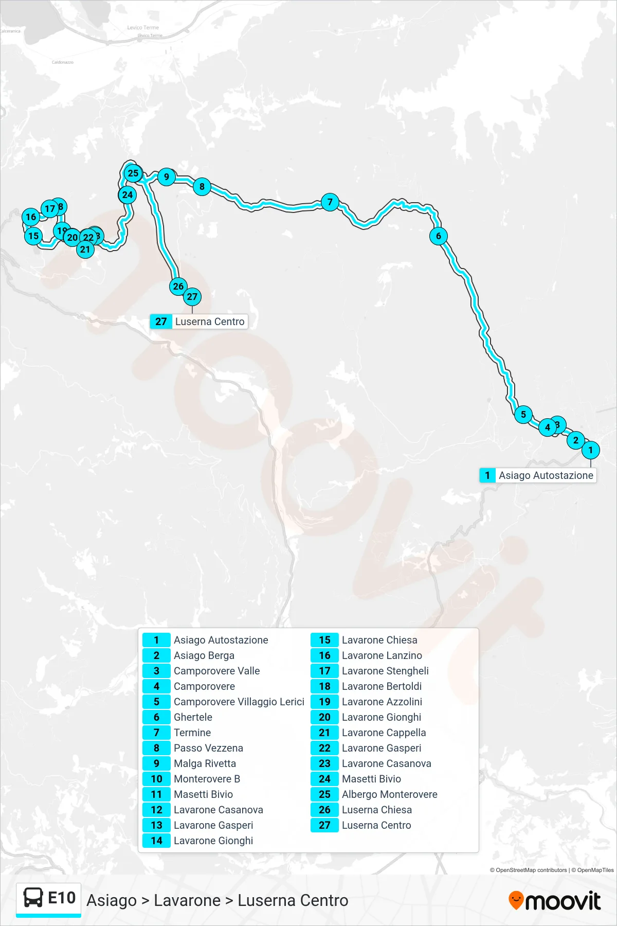 Linea E10 bus (Asiago > Lavarone > Luserna Centro) - Percorsi e fermate sulla mappa