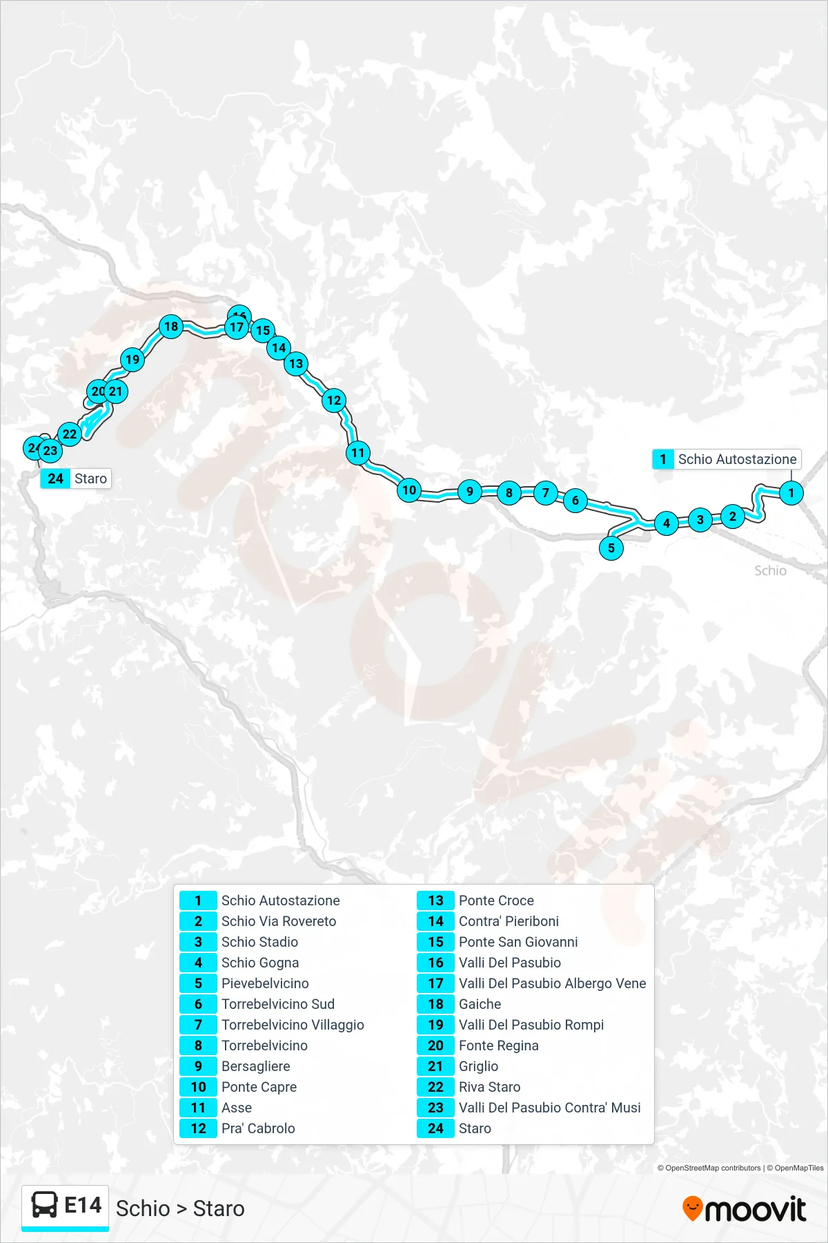 Linea E14 bus (Schio > Staro) - Percorsi e fermate sulla mappa
