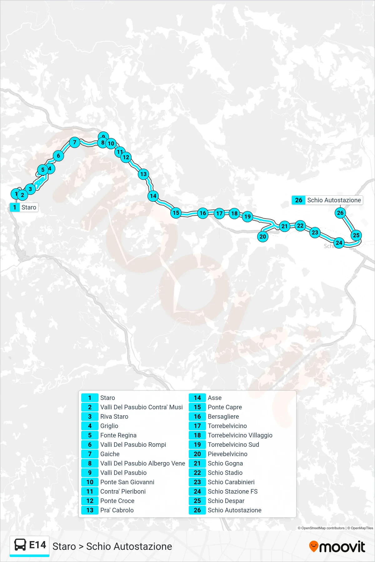 Linea E14 bus (Staro > Schio Autostazione) - Percorsi e fermate sulla mappa