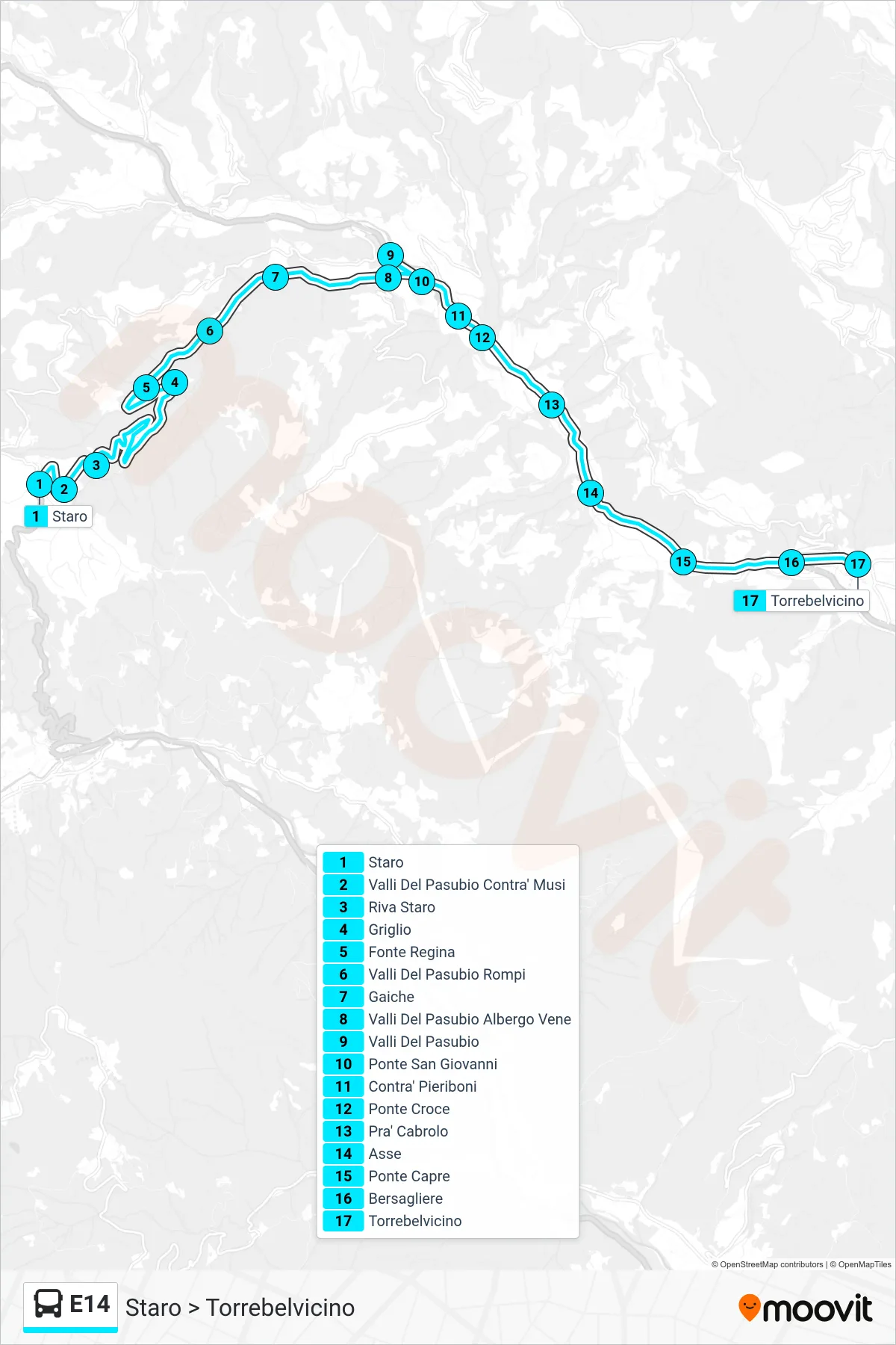 Linea E14 bus (Staro > Torrebelvicino) - Percorsi e fermate sulla mappa
