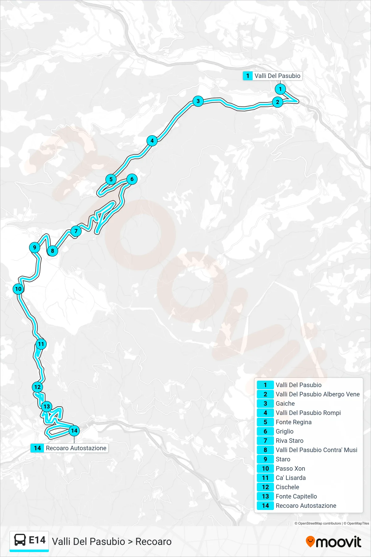 Linea E14 bus (Valli Del Pasubio > Recoaro) - Percorsi e fermate sulla mappa