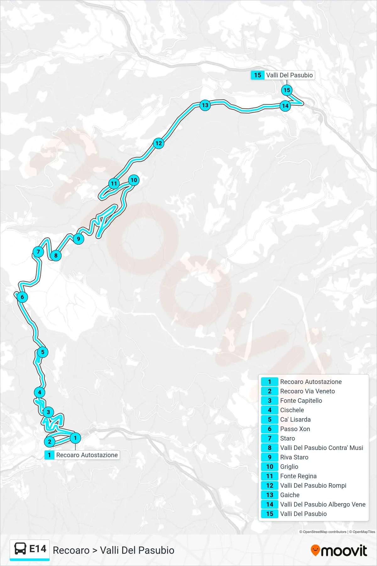 E14 bus Line (Recoaro > Valli Del Pasubio) route and stops on a map