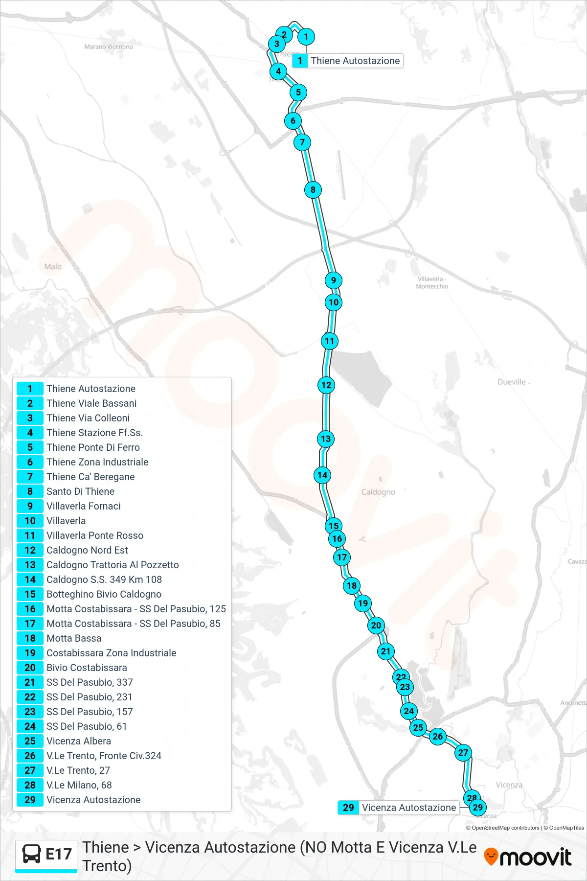 Linea E17 bus (Thiene > Vicenza Autostazione (NO Motta E Vicenza V.Le Trento)) - Percorsi e fermate sulla mappa