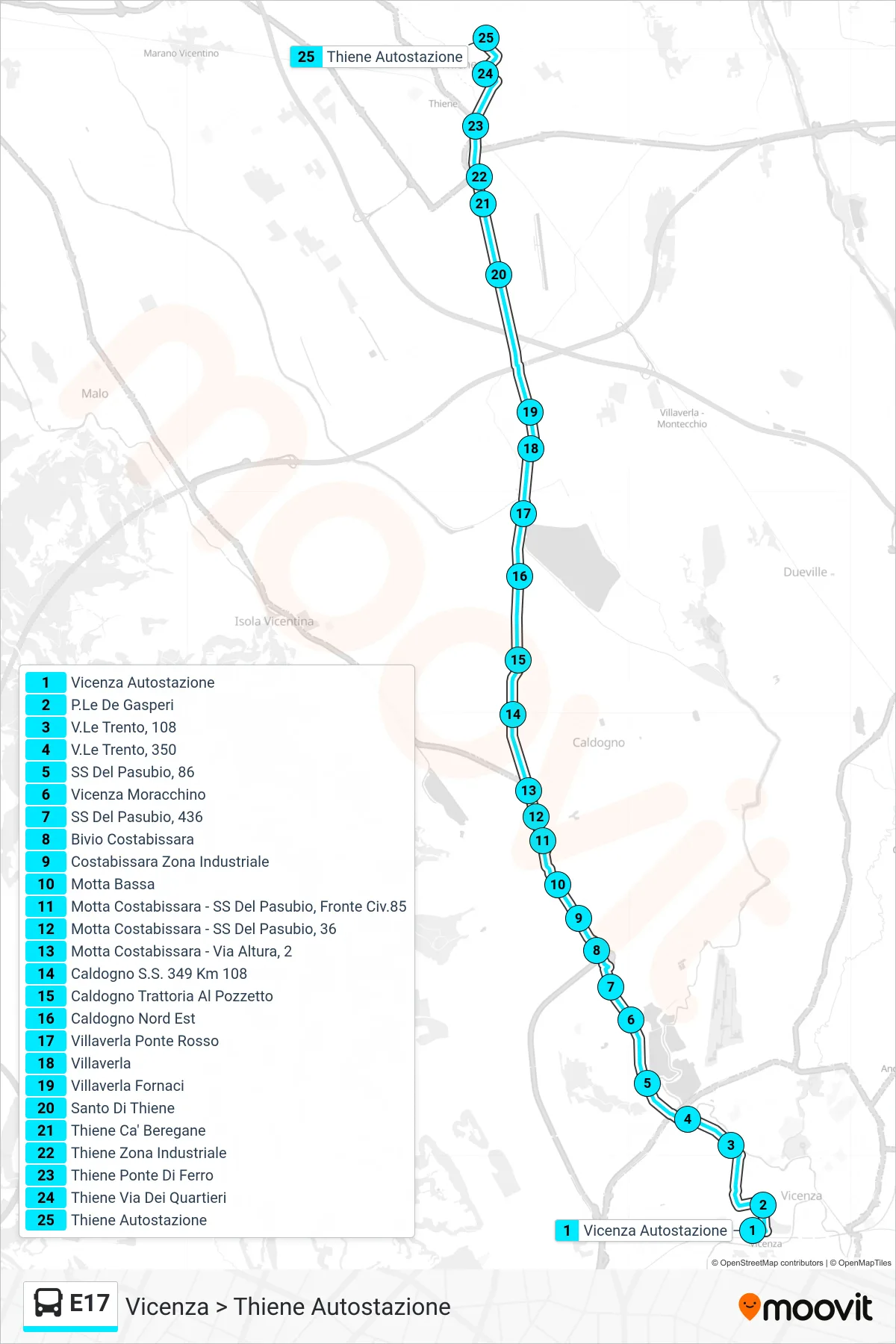Linea E17 bus (Vicenza > Thiene Autostazione) - Percorsi e fermate sulla mappa