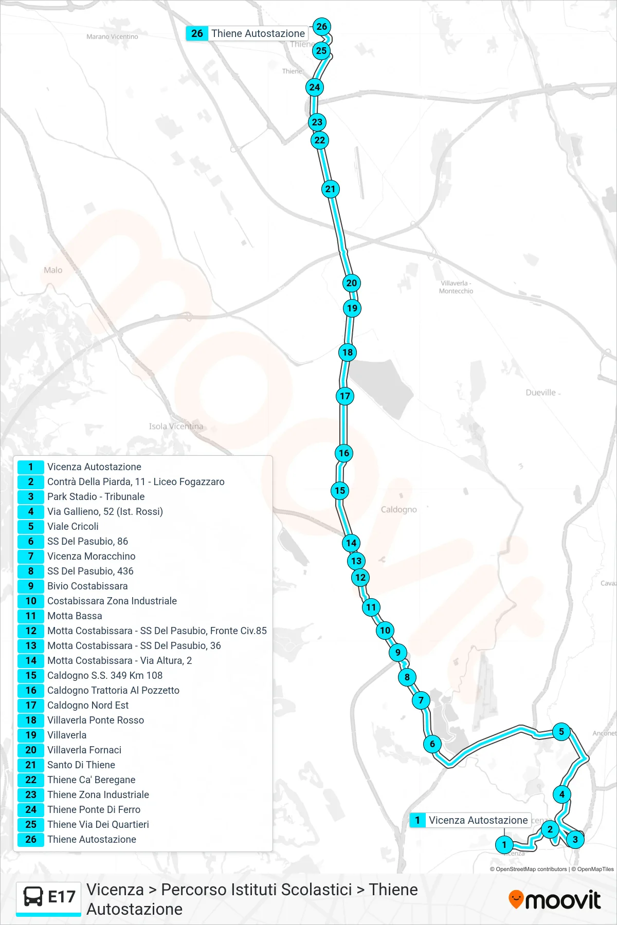 Linea E17 bus (Vicenza > Percorso Istituti Scolastici > Thiene Autostazione) - Percorsi e fermate sulla mappa
