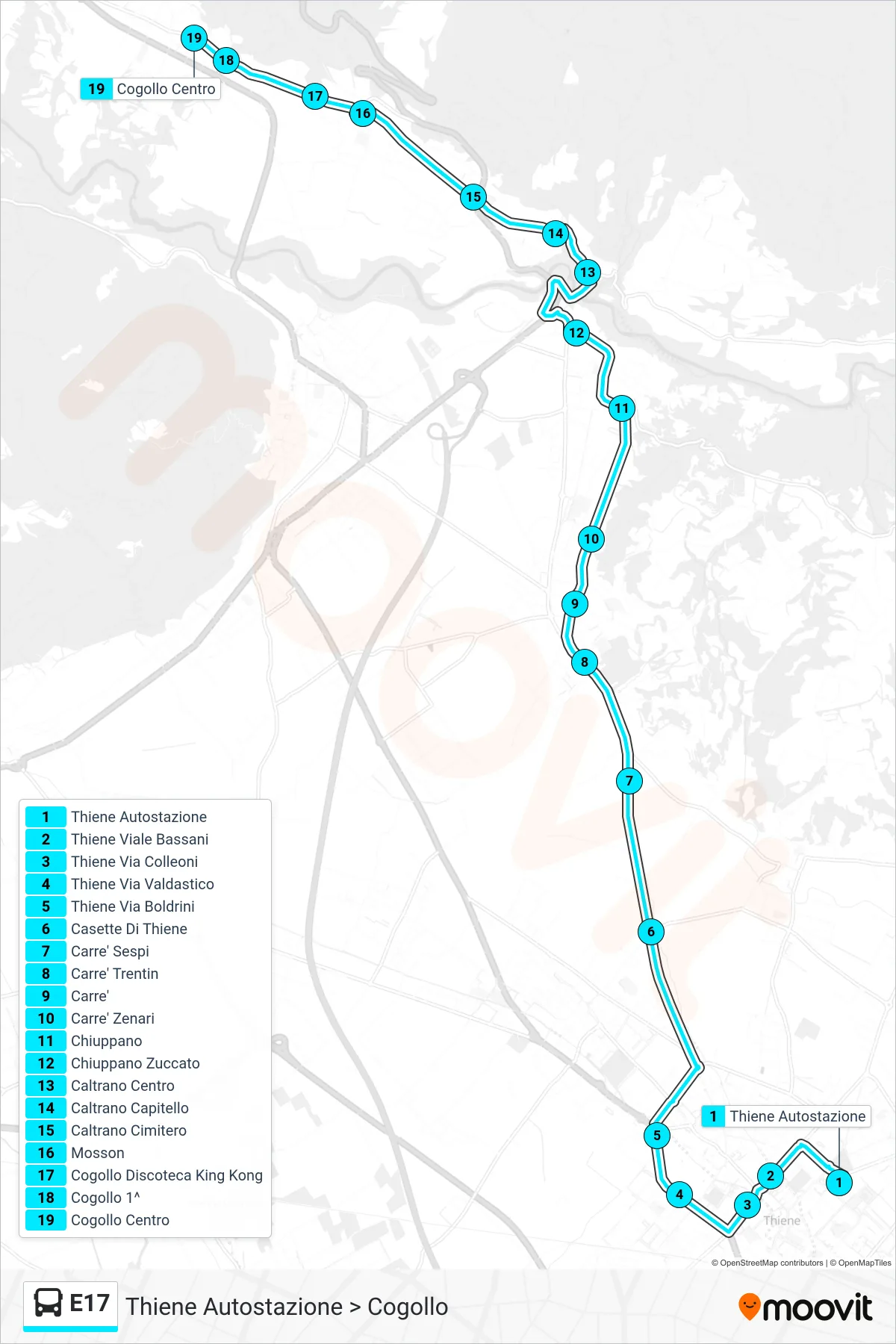 Linea E17  bus (Thiene Autostazione > Cogollo) - Percorsi e fermate sulla mappa