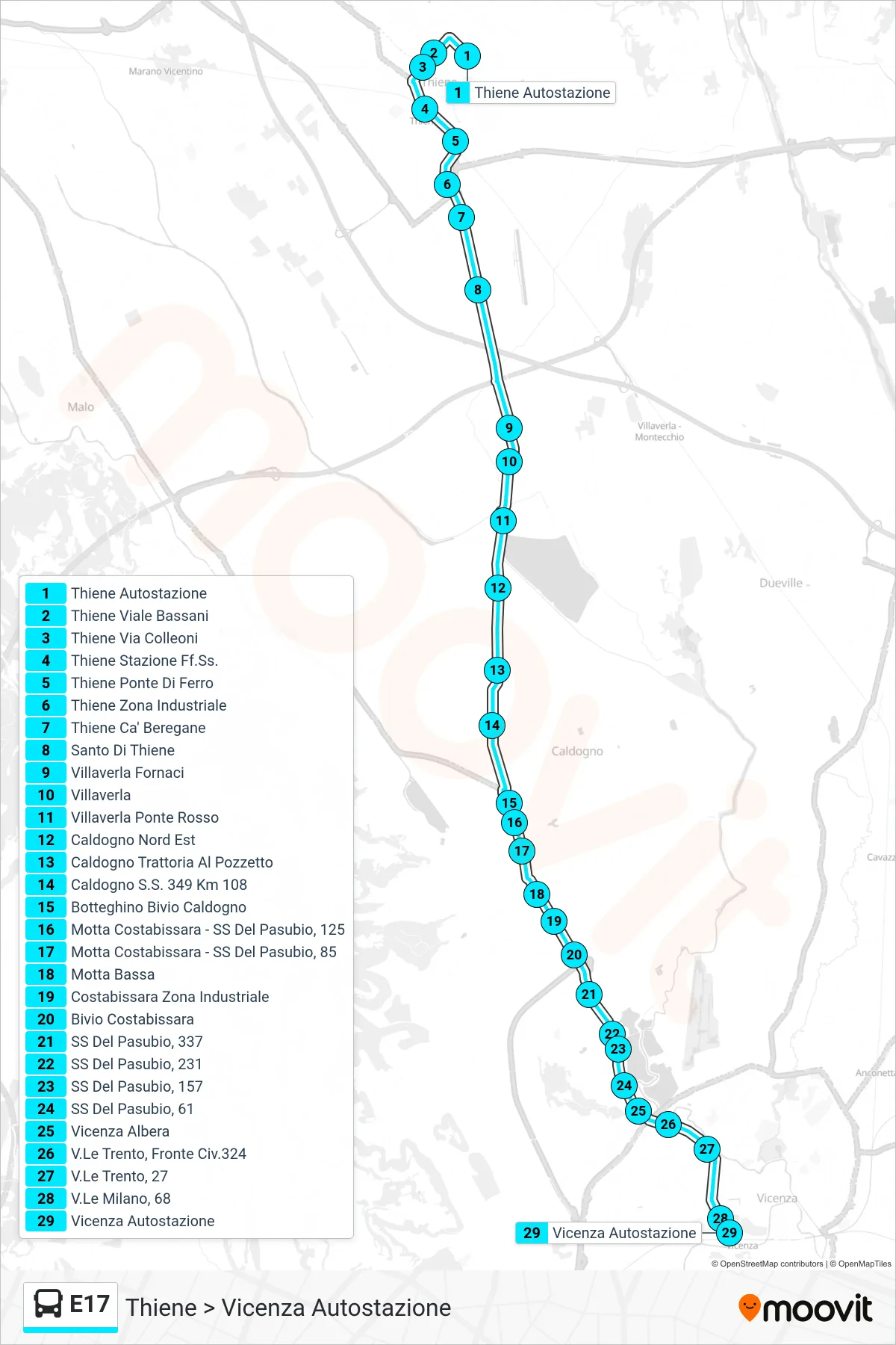 Linea E17  bus (Thiene > Vicenza Autostazione) - Percorsi e fermate sulla mappa