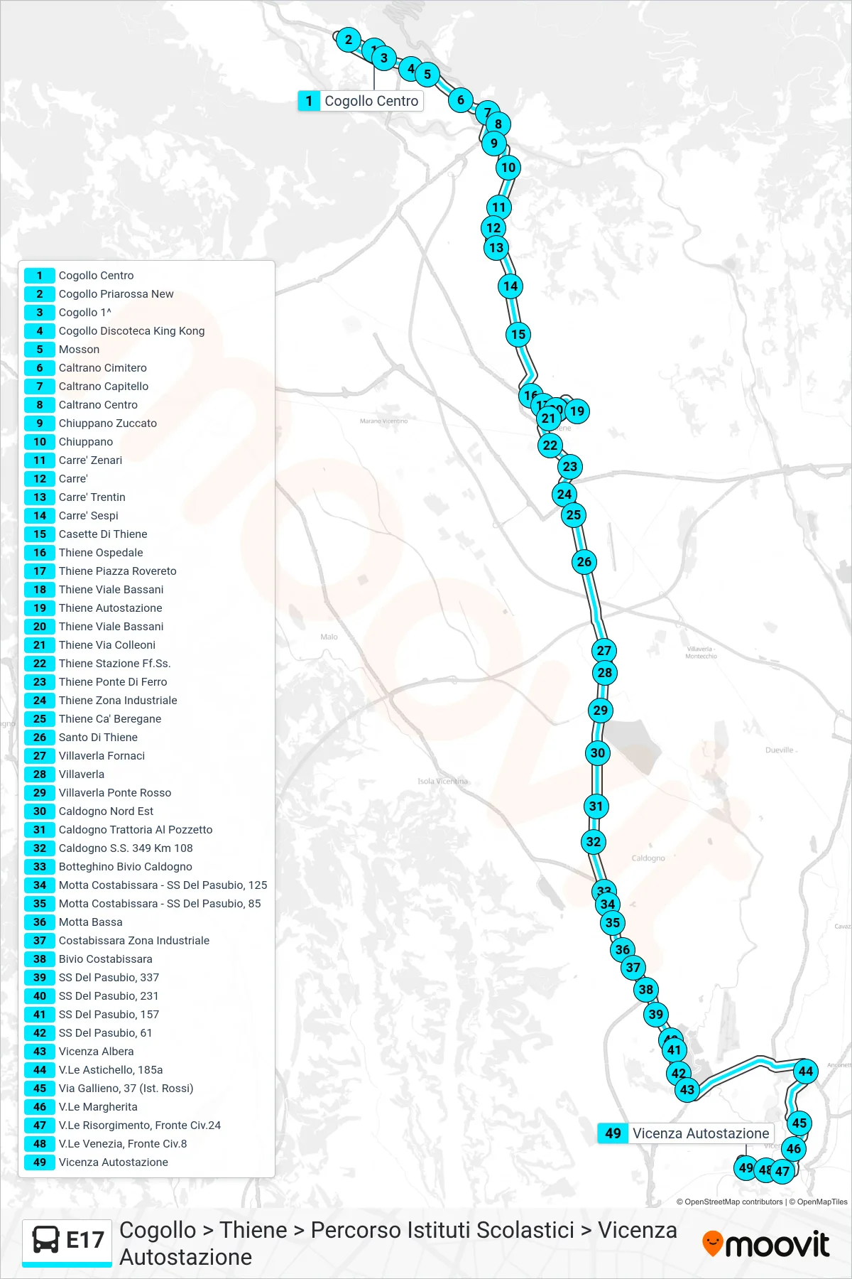 Linea E17  bus (Cogollo > Thiene > Percorso Istituti Scolastici > Vicenza Autostazione) - Percorsi e fermate sulla mappa