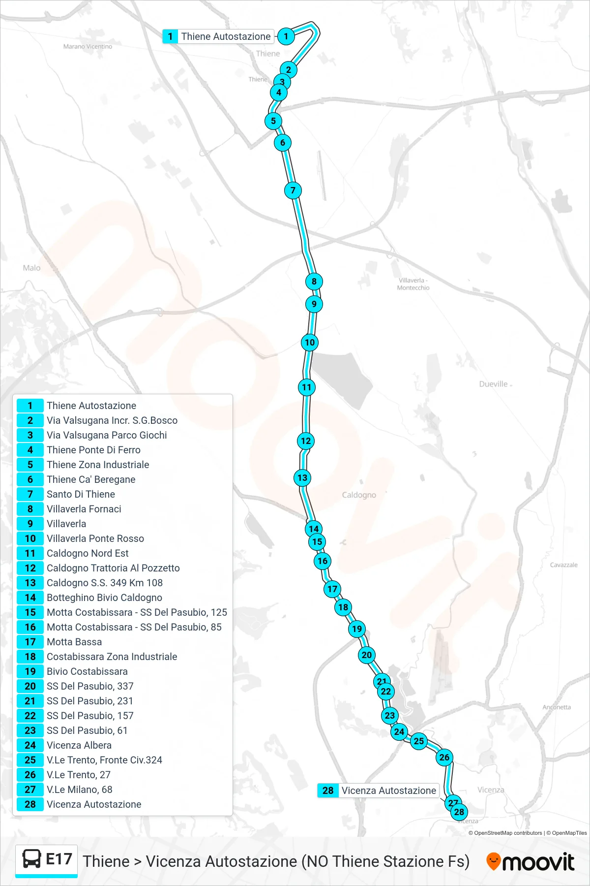 Linea E17 bus (Thiene > Vicenza Autostazione (NO Thiene Stazione Fs)) - Percorsi e fermate sulla mappa