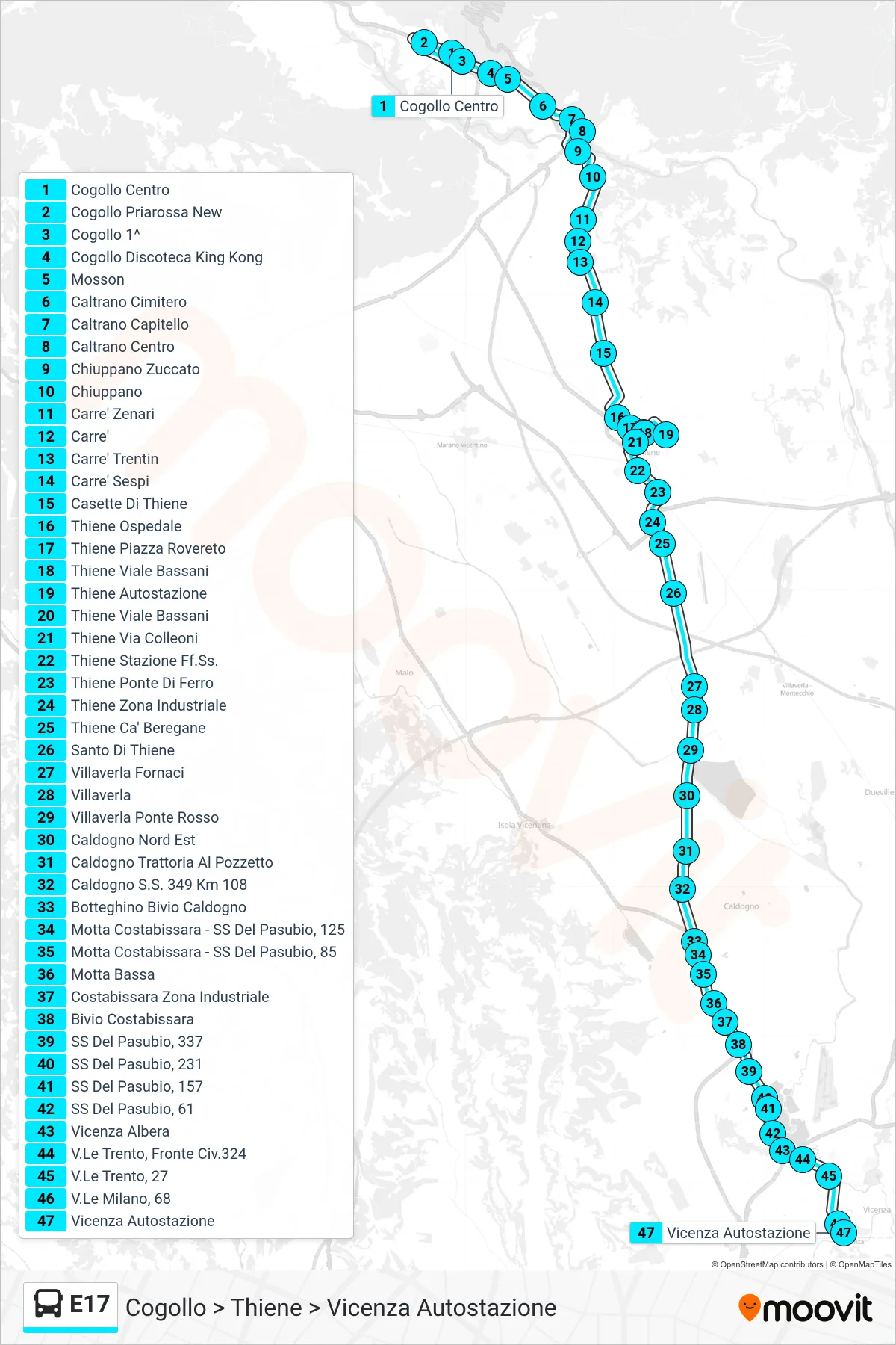 Linea E17 bus (Cogollo > Thiene > Vicenza Autostazione) - Percorsi e fermate sulla mappa