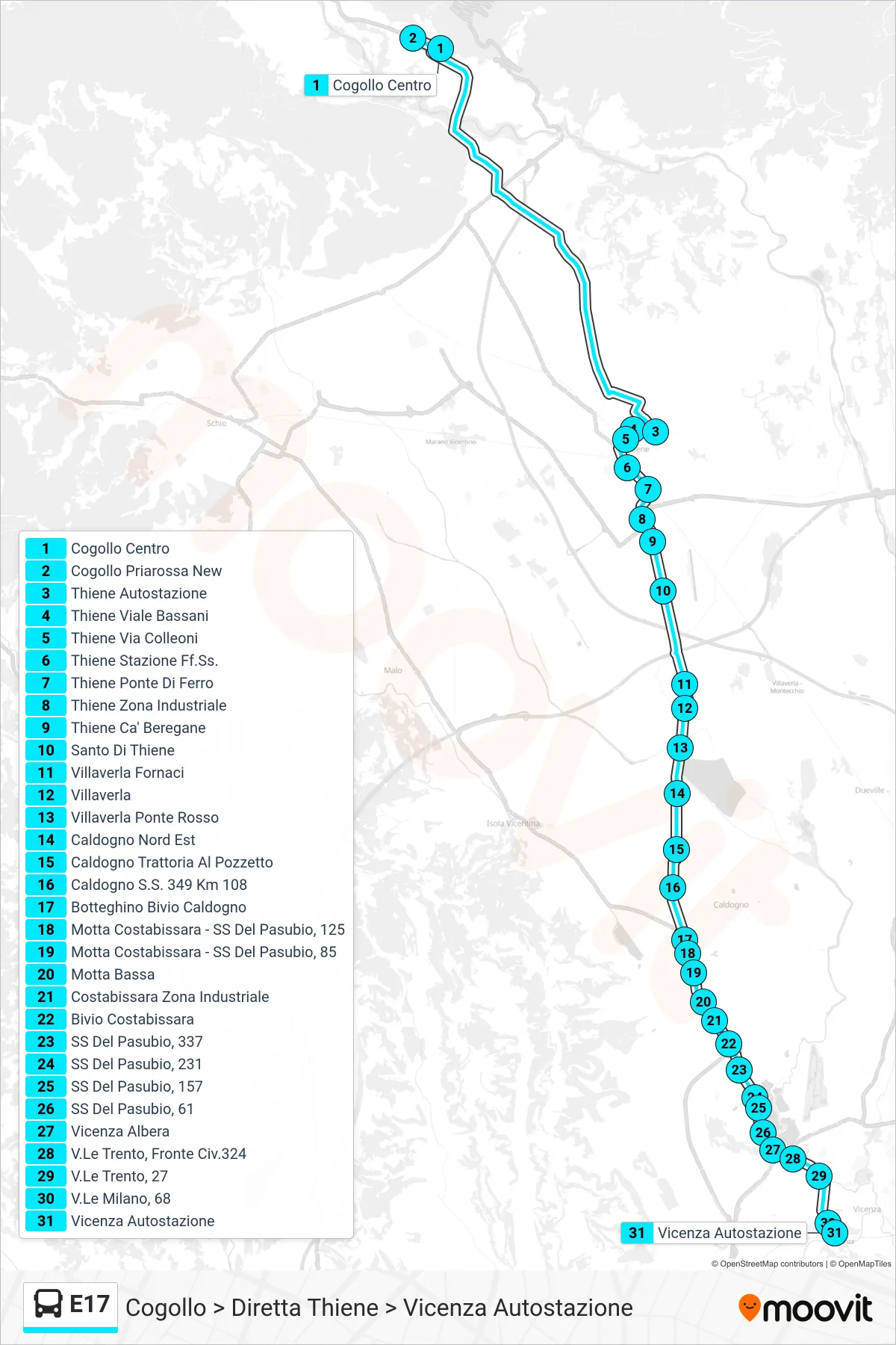 Linea E17 bus (Cogollo > Diretta Thiene > Vicenza Autostazione) - Percorsi e fermate sulla mappa