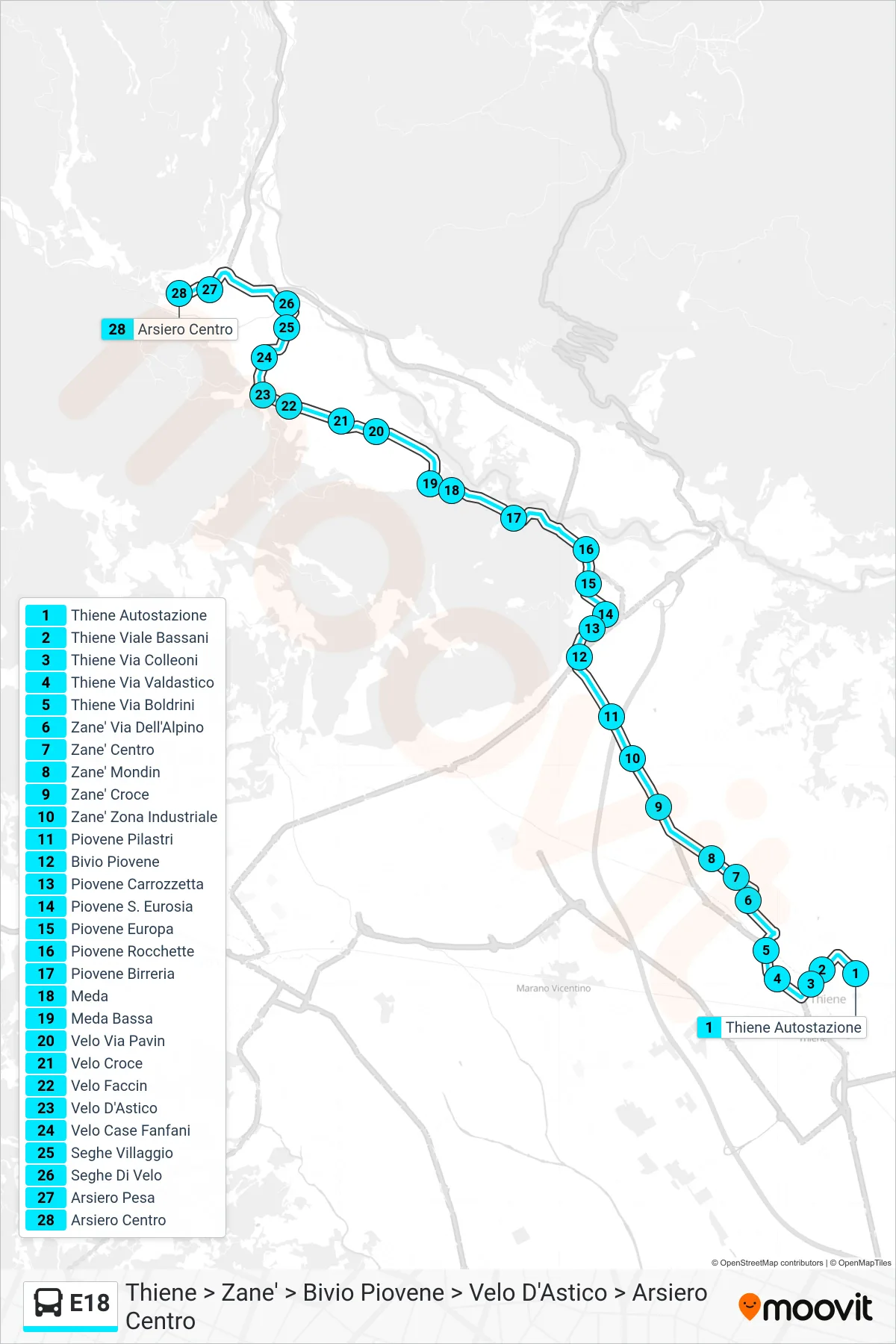 Linea E18 bus (Thiene > Zane' > Bivio Piovene > Velo D'Astico > Arsiero Centro) - Percorsi e fermate sulla mappa
